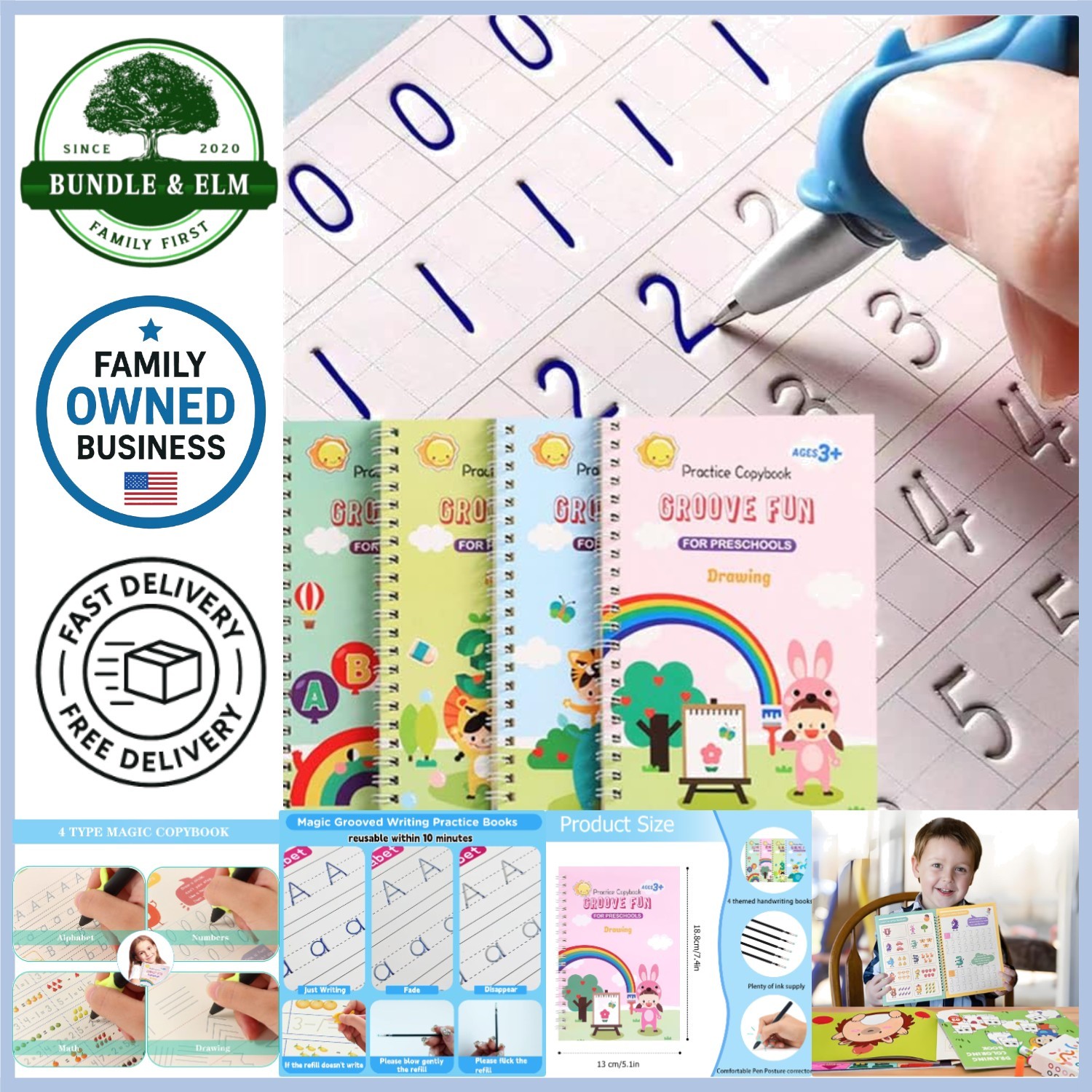 Kids Handwriting Practice Book Reusable Grooved Workbooks for Early Learning