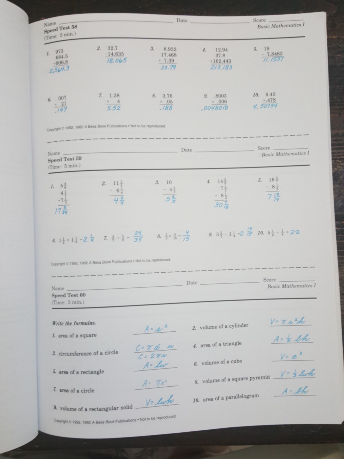 Abeka Basic Mathematics I 2nd Edition Teacher Key and Test/Quiz Key 1992