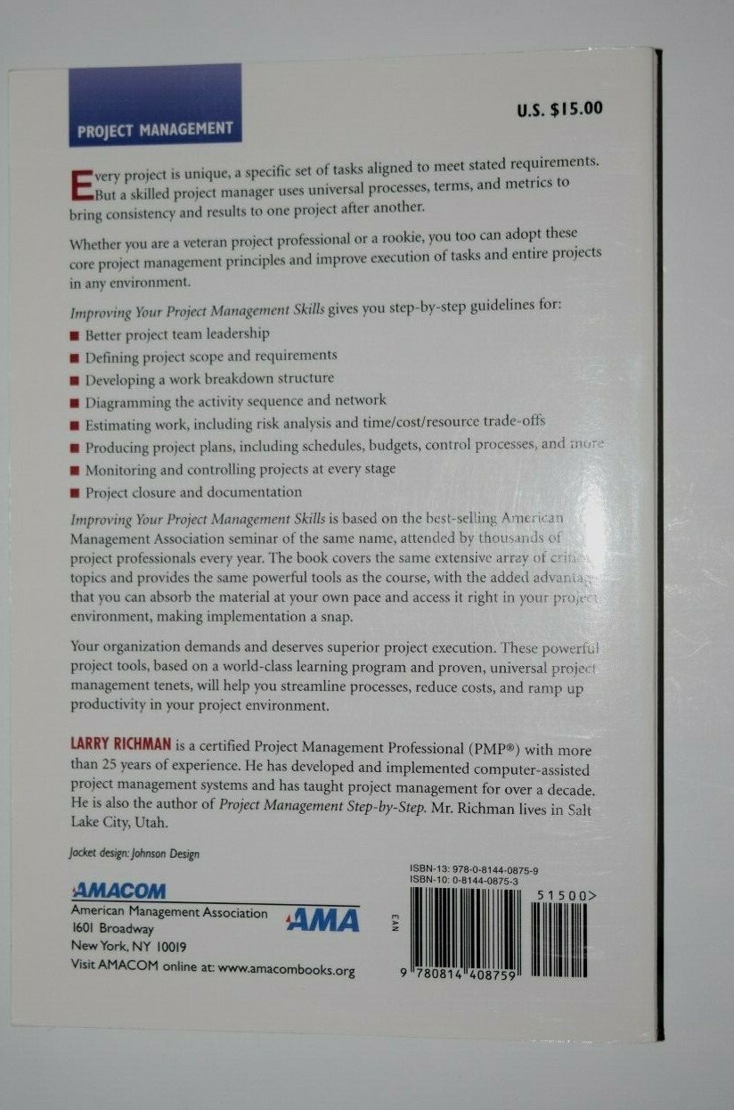 «IMPROVING PROJECT MANAGEMENT SKILLS,» AMACOM, 200 Pages, Excellent Condition