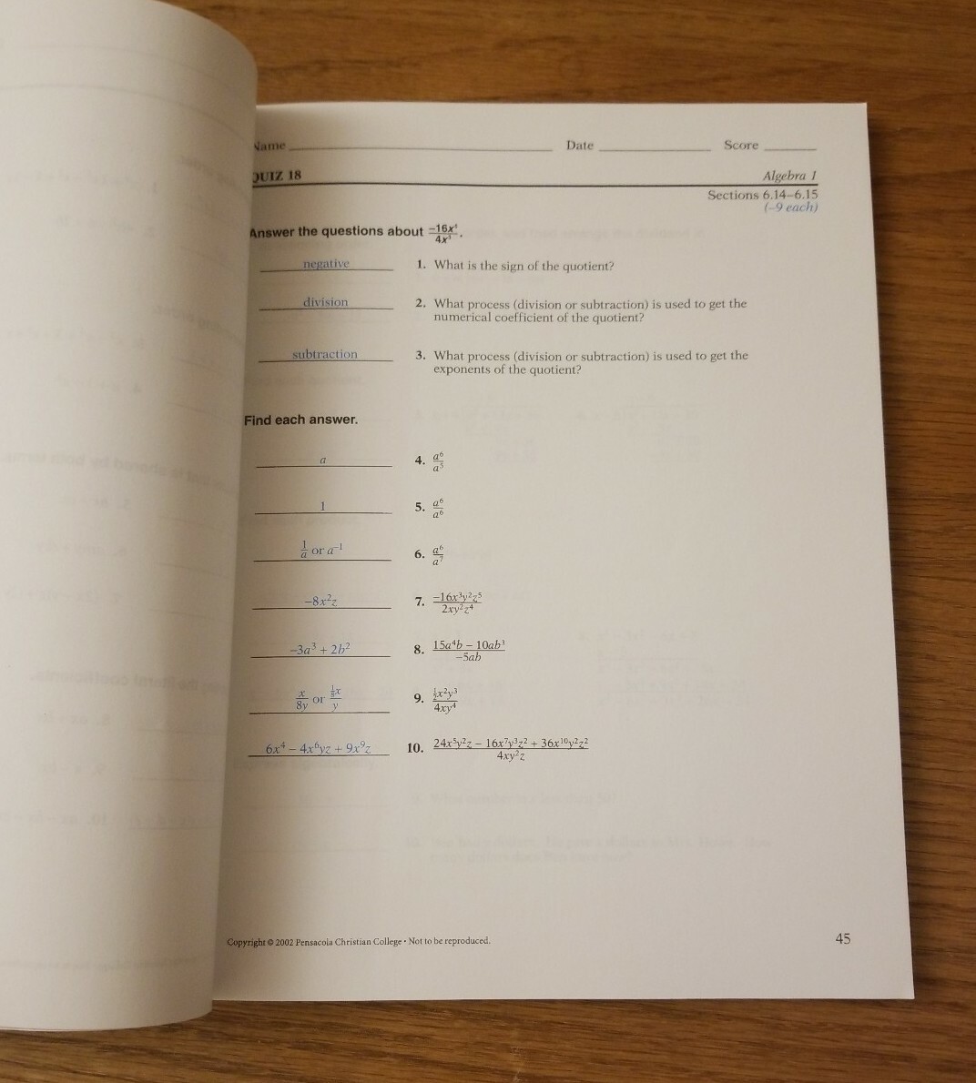 ABEKA Algebra 1 Tests & Quizzes Key Teacher Test Quiz Math