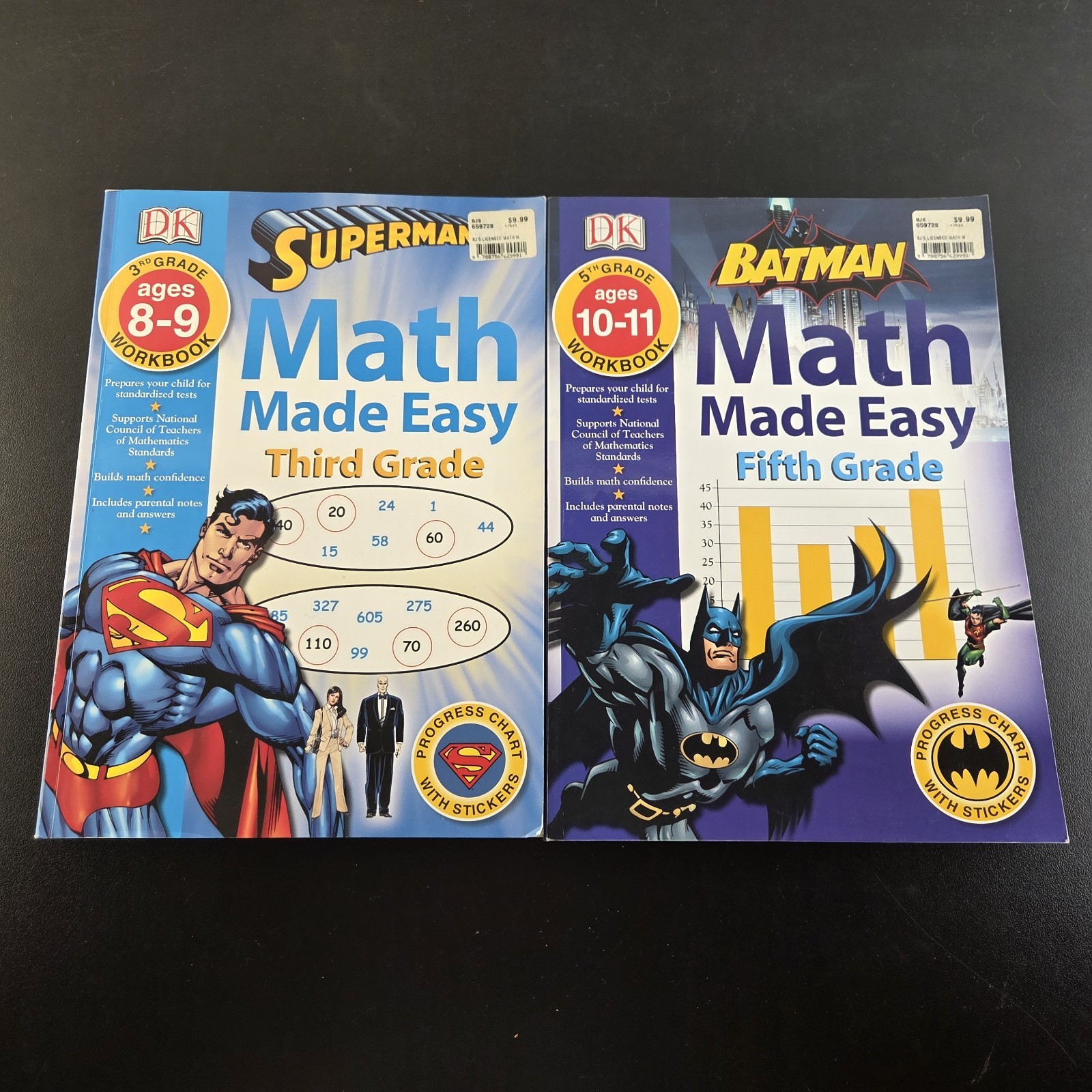 DK Math Made Easy Fifth Grade & Third Grade Batman & Superman Workbooks Lot Of 2