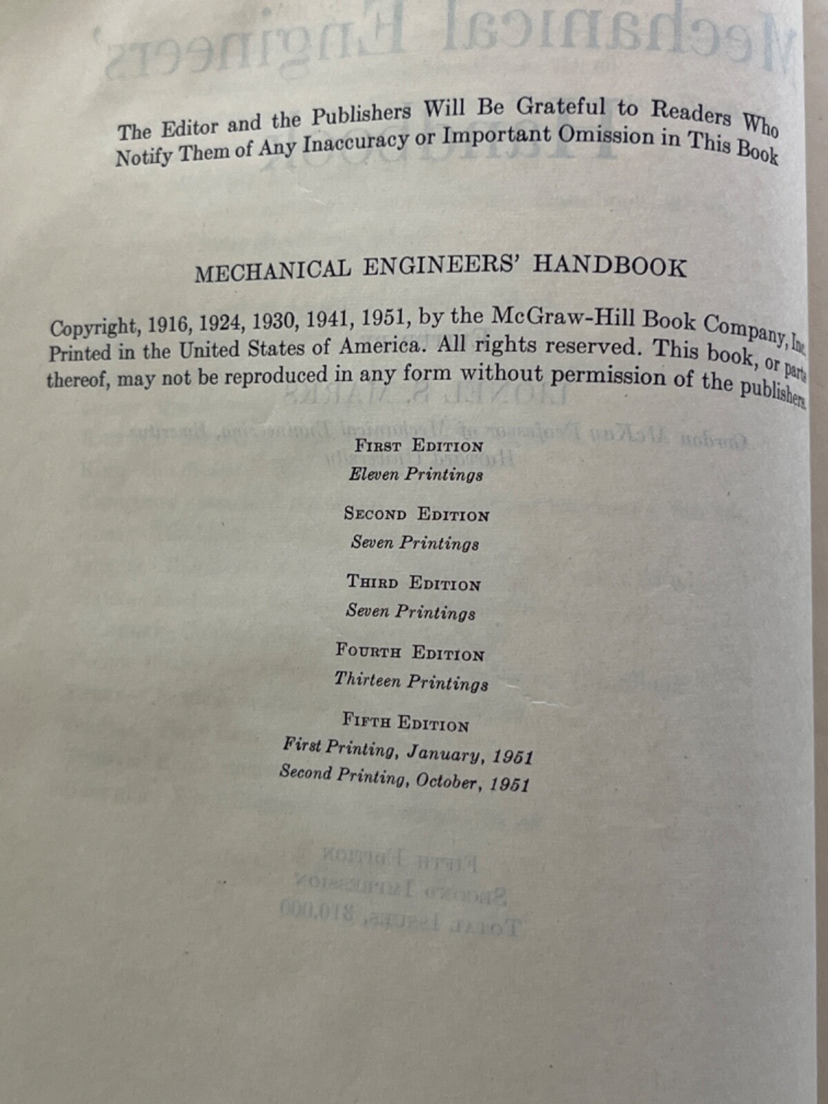 MARKS’ Mechanical Engineers’ HANDBOOK by Lionel Marks 1952 5th Ed.
