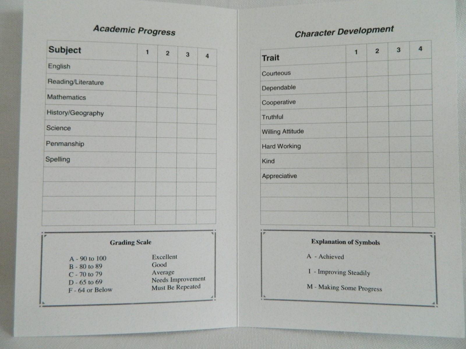Homeschool Report Cards, Pack of 10, w. Bible Verse use w. Abeka, BJU, Etc