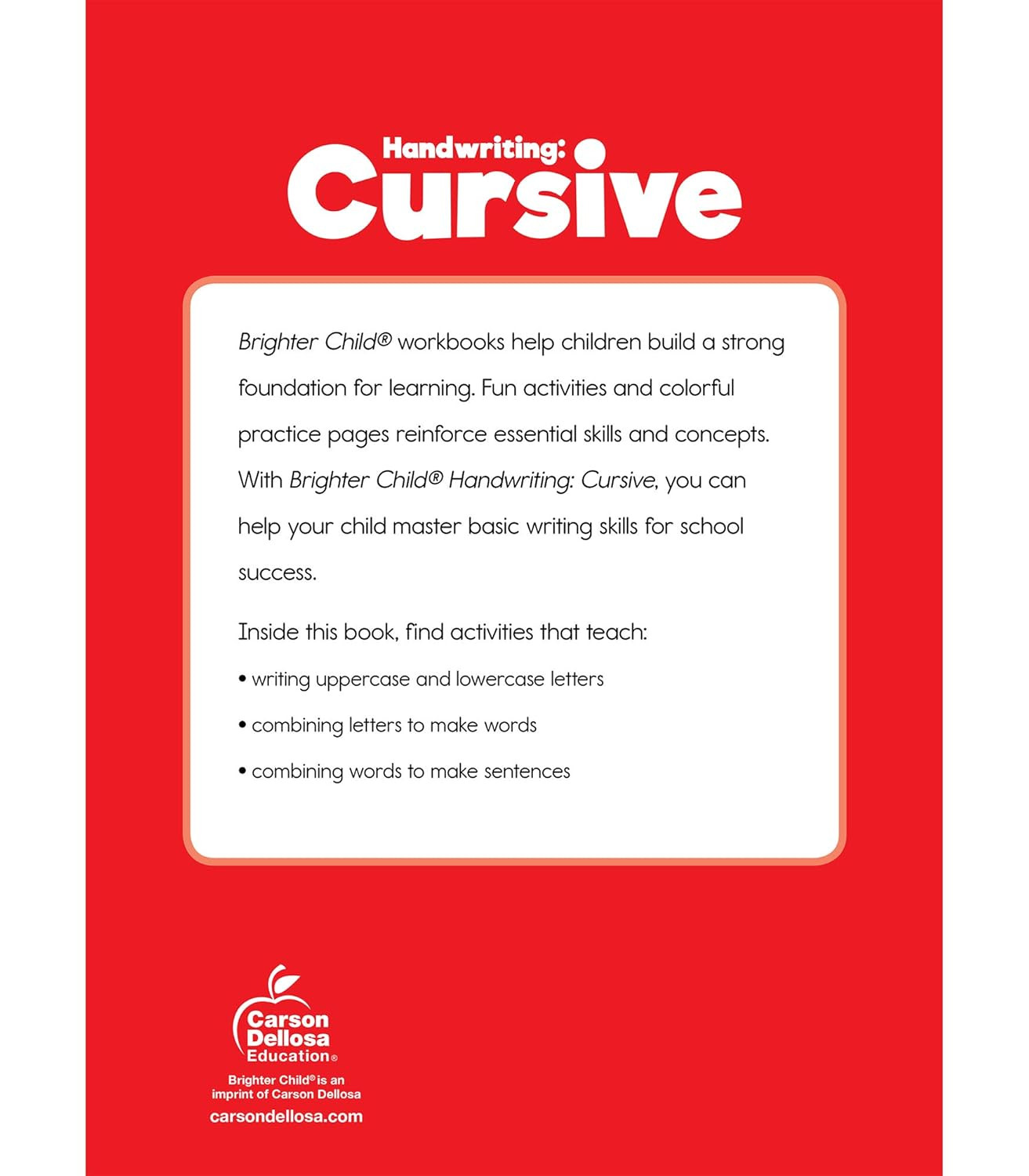 Carson Dellosa Grades 2-5 Cursive Handwriting Workbook, Writing Book with Sight