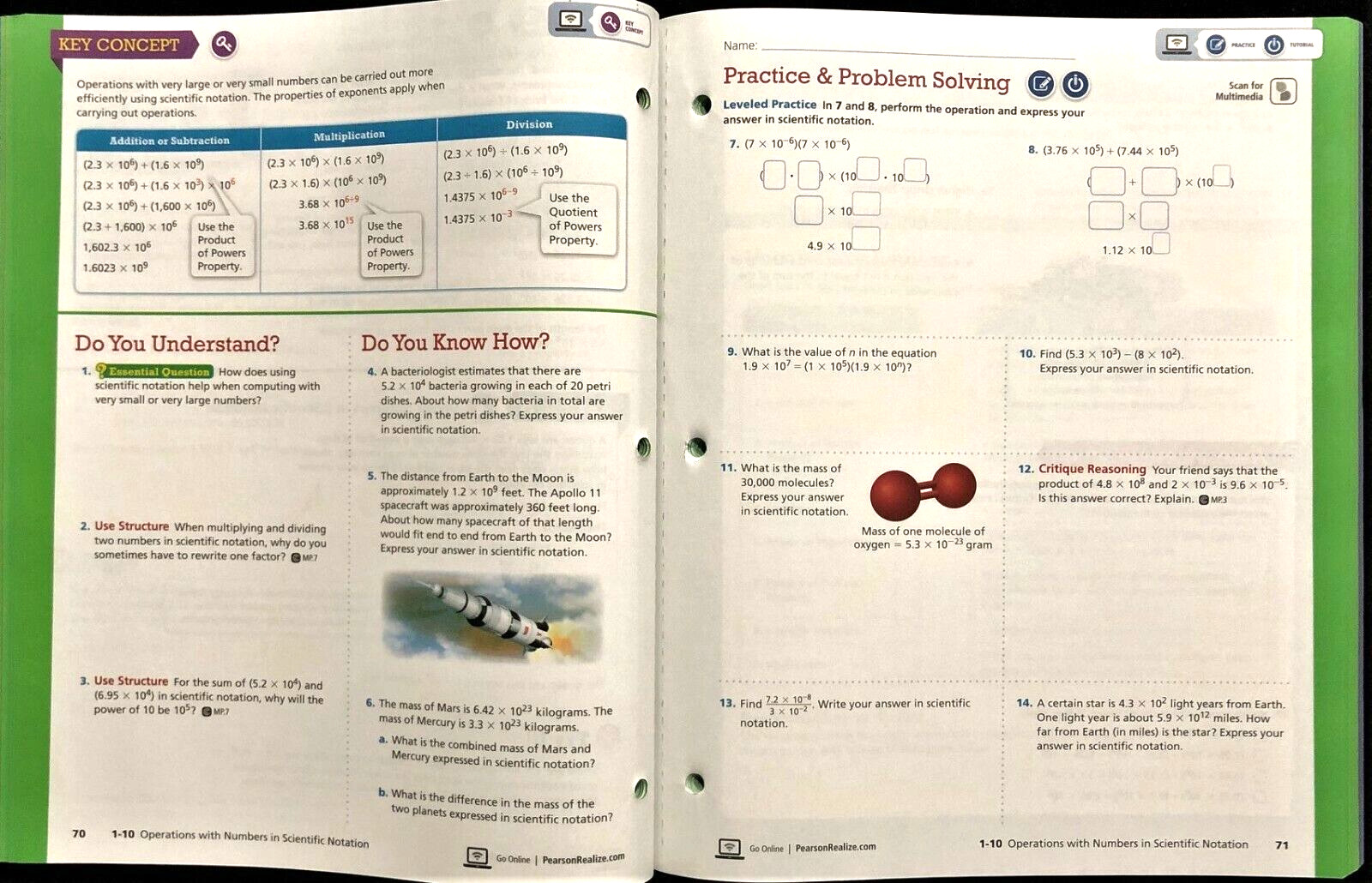 8th Grade – enVision Math 2.0 – STUDENT WORKBOOK (Vol. 1) (2017, Pearson)