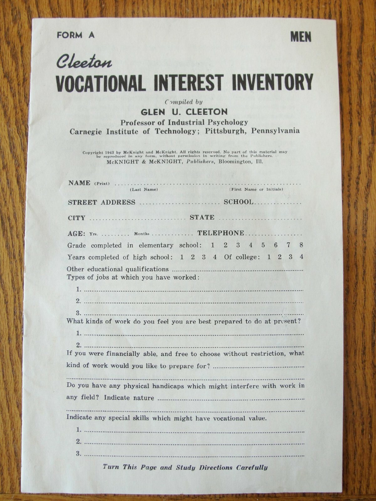 Cleeton Vocational Professor Industrial Psychology Carnegie Aptitude Test Men