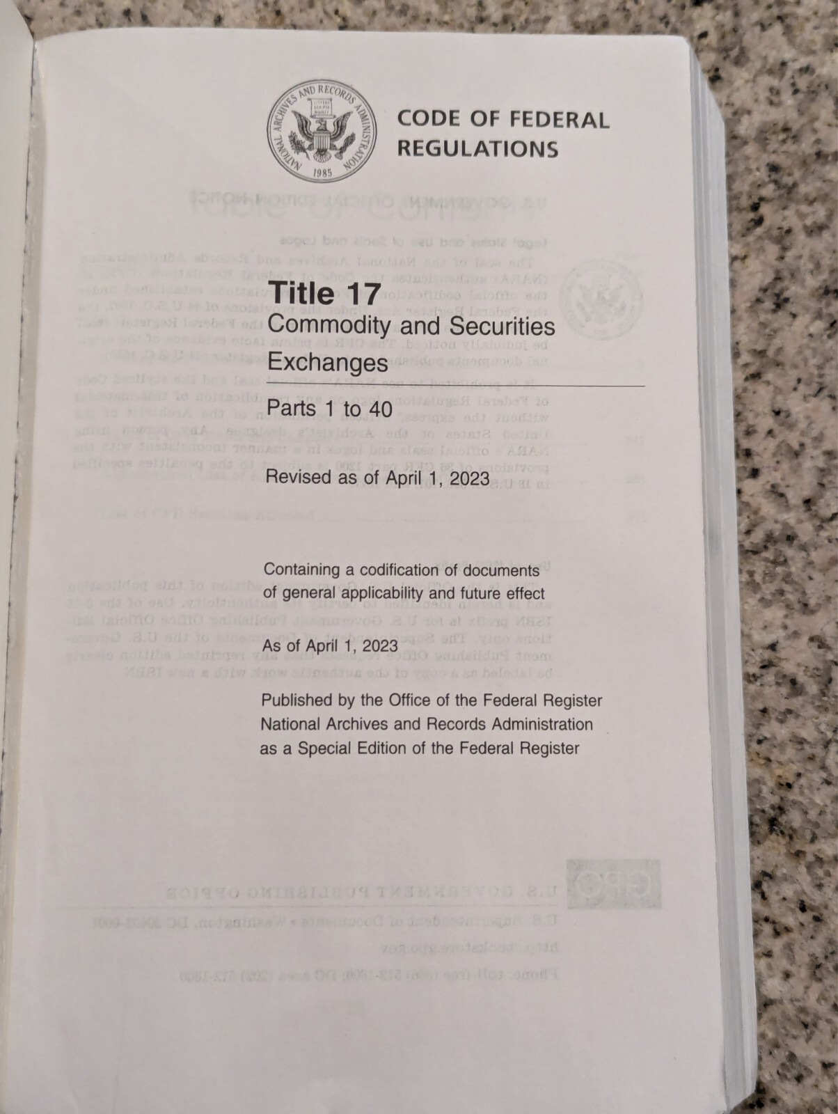 Cfr Title 17 Comm and Securities 2023 Edition by OFFICE OF FEDERAL REGISTER 1-40