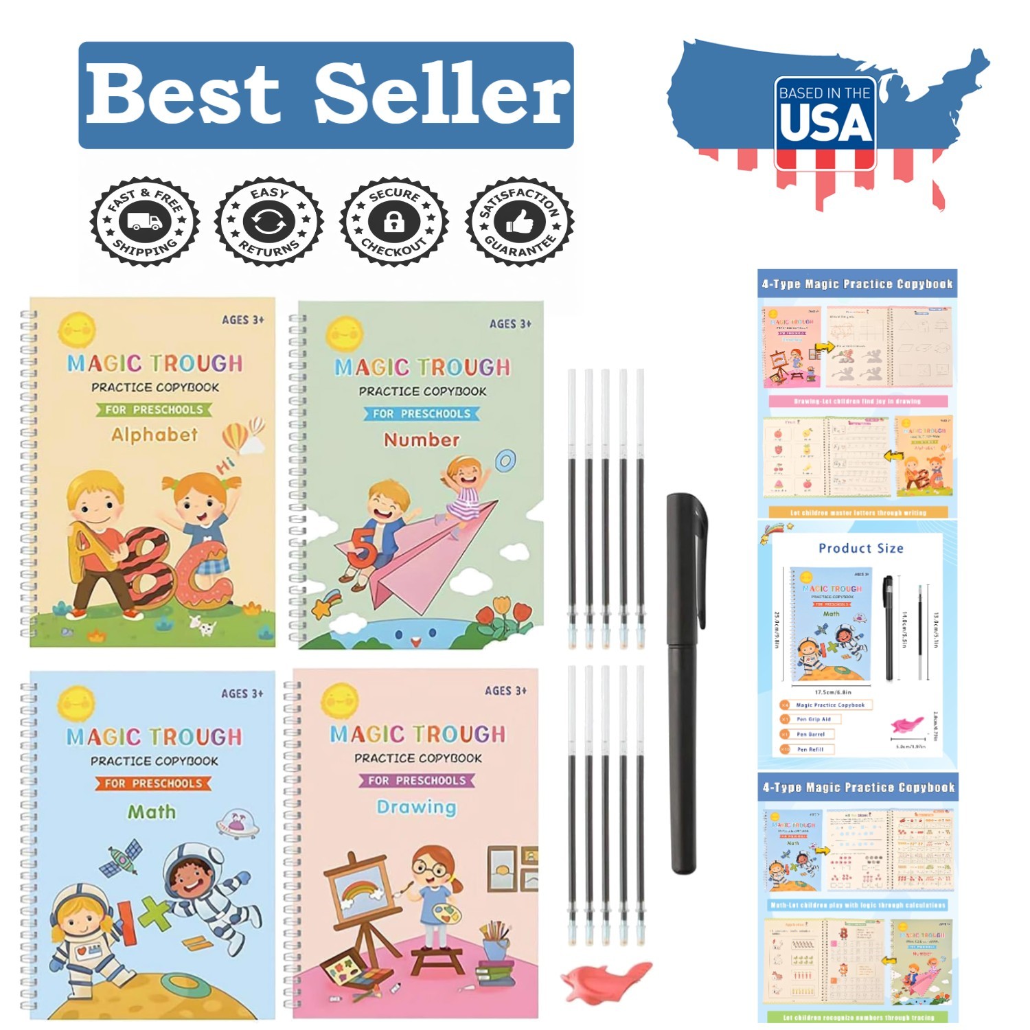 Interactive Magic Ink Copybook Set with 4 Workbooks for Ages 3-7, Gift Ready!