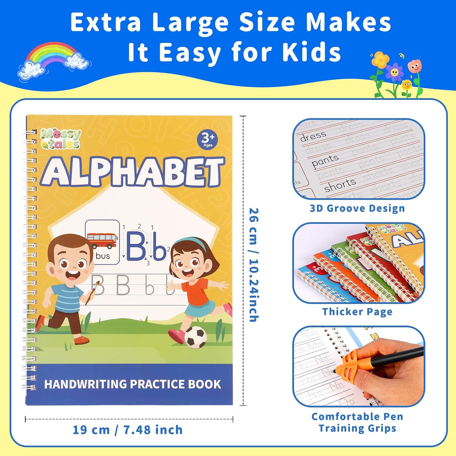 Magic Grooved Handwriting Practice Book for Kids Ages 3-8, Reusable Tracing