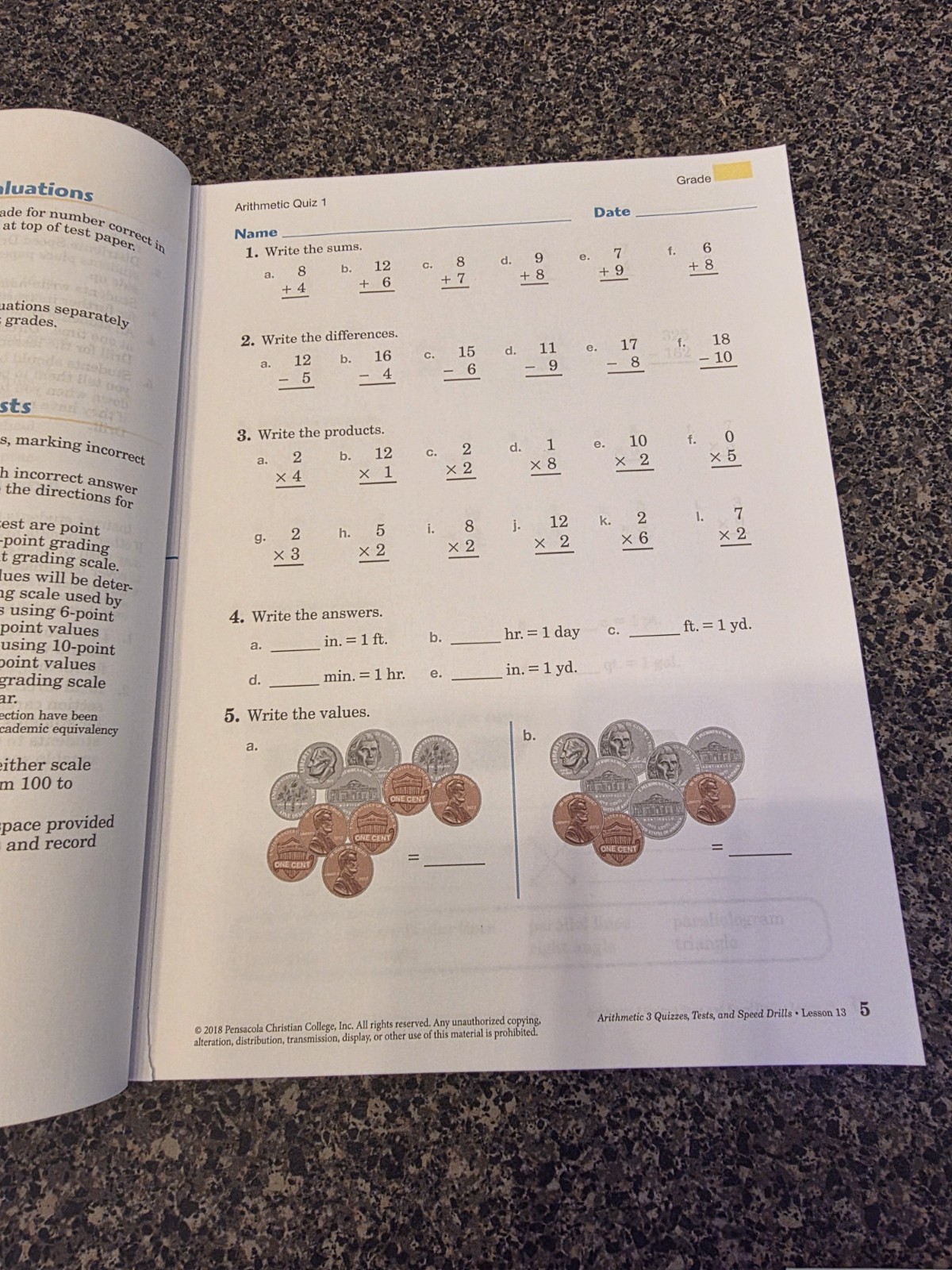 Arithmetic 3 Student Quizzes, Tests, and Speed Drills Workbook AND Answer Key