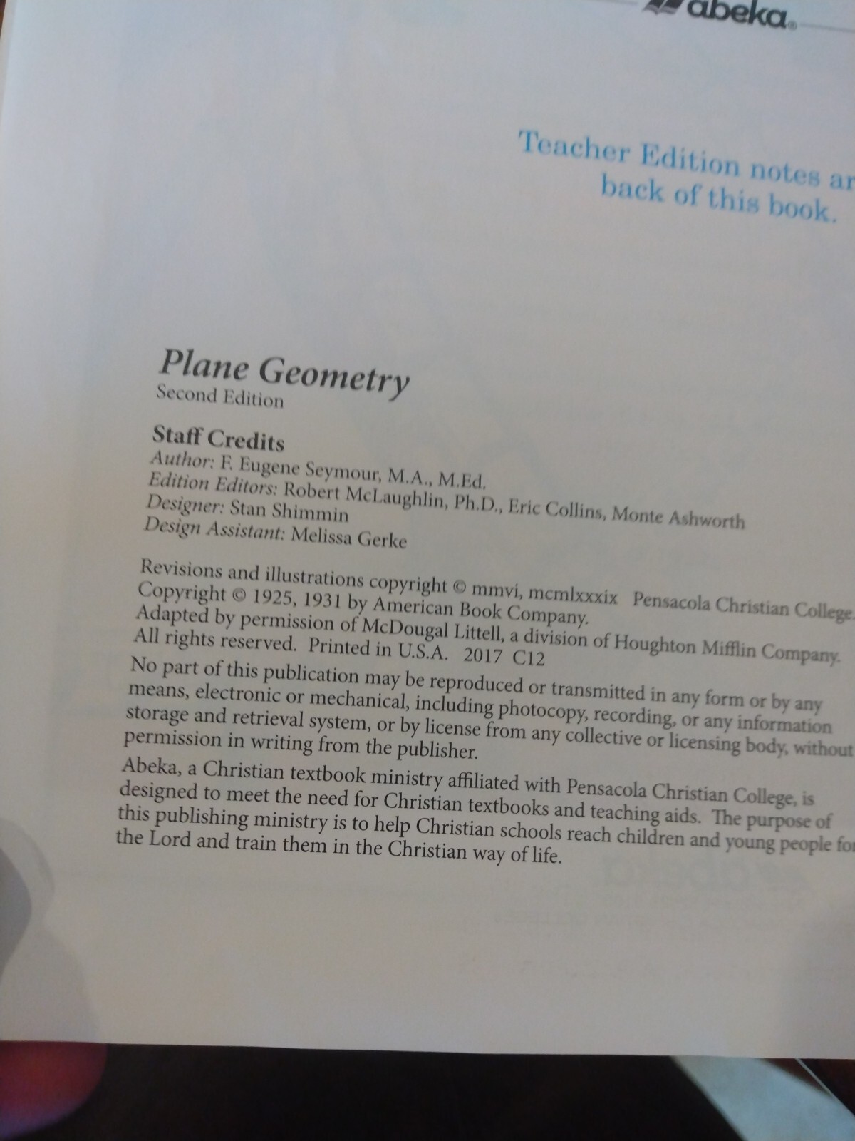 Abeka Plane Geometry Teacher/Parent Set with Answer Key Grades 9-12