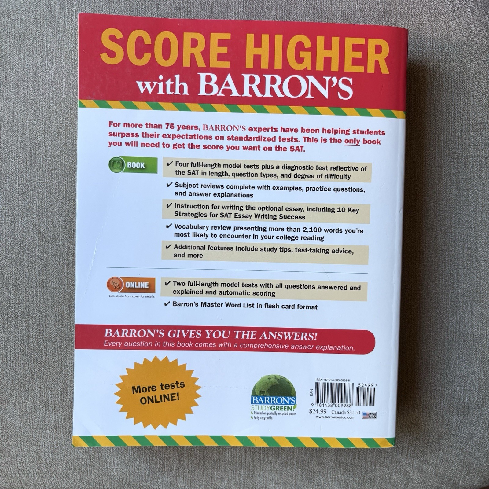 Barron’s SAT 29th Edition Study Guide Sharon Weiner Green Paperback Exam Prep