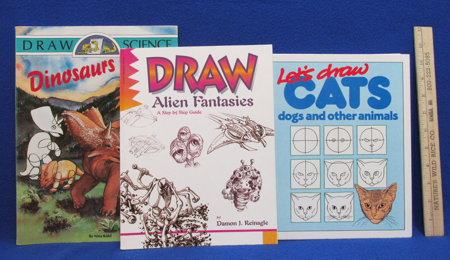 Vintage Drawing Books Lot of 3 Drawing Cats Dogs Aliens Fantasy Dinosaurs
