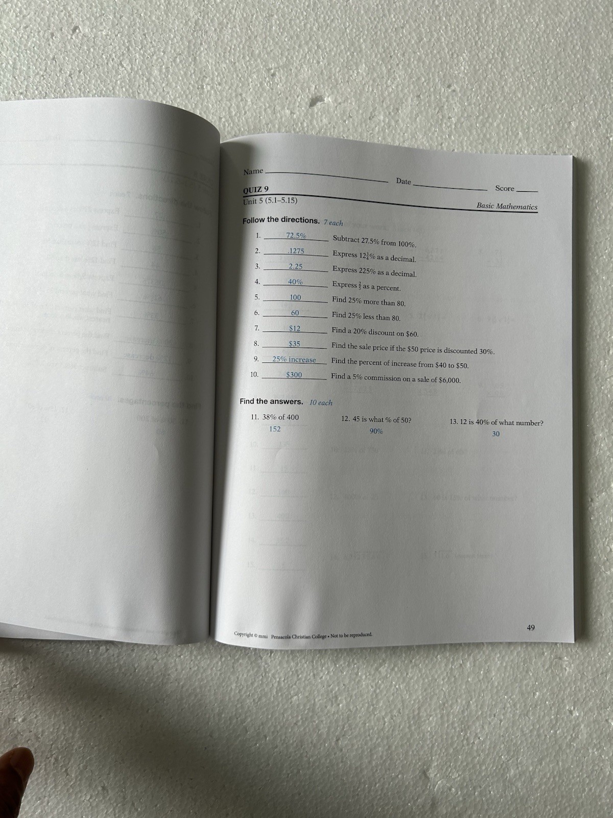 Abeka Basic Mathematics Student Quiz/Test 4th ed