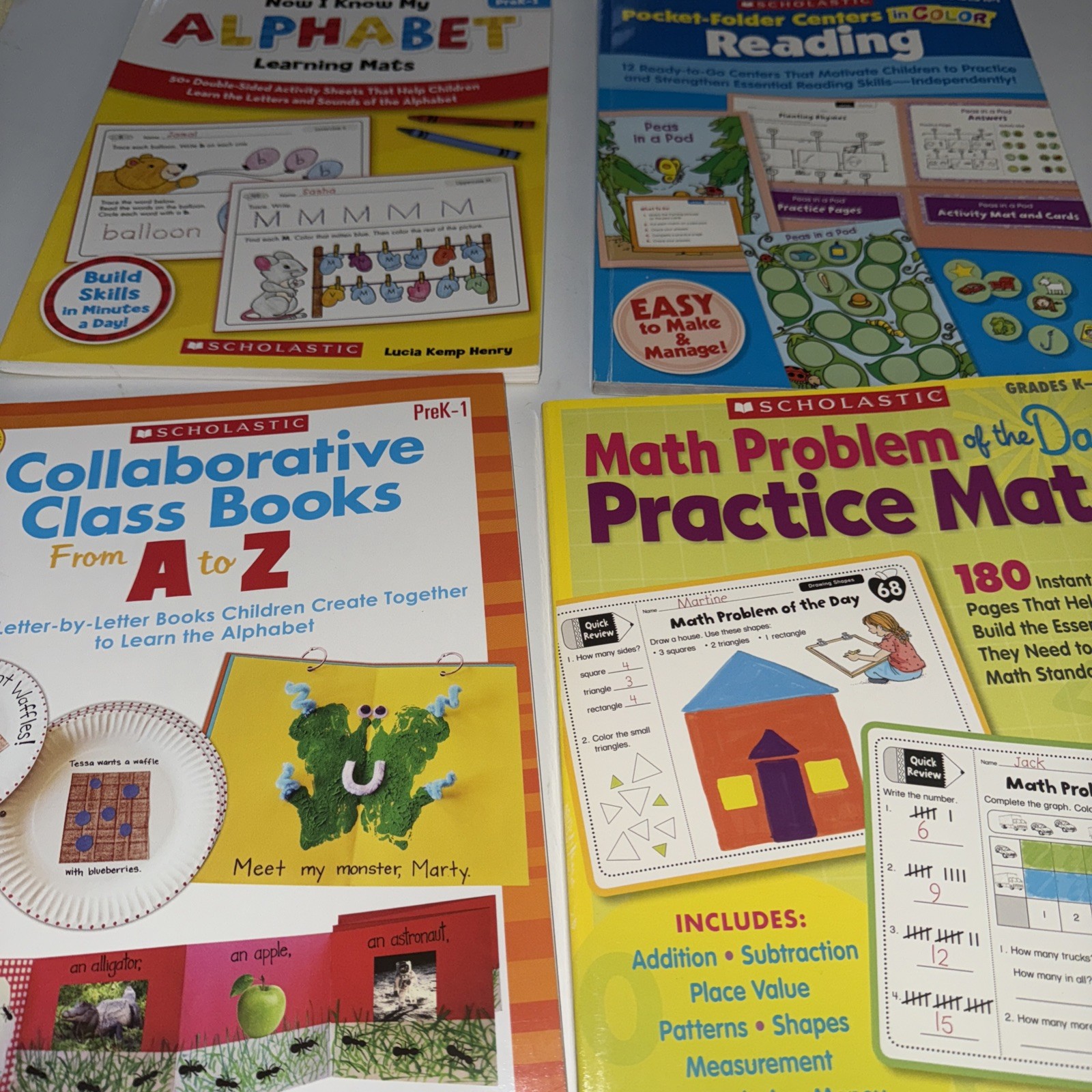 Scholastic Teaching resources K-1 Literacy & Math Mats & Centers 4 Book Lot