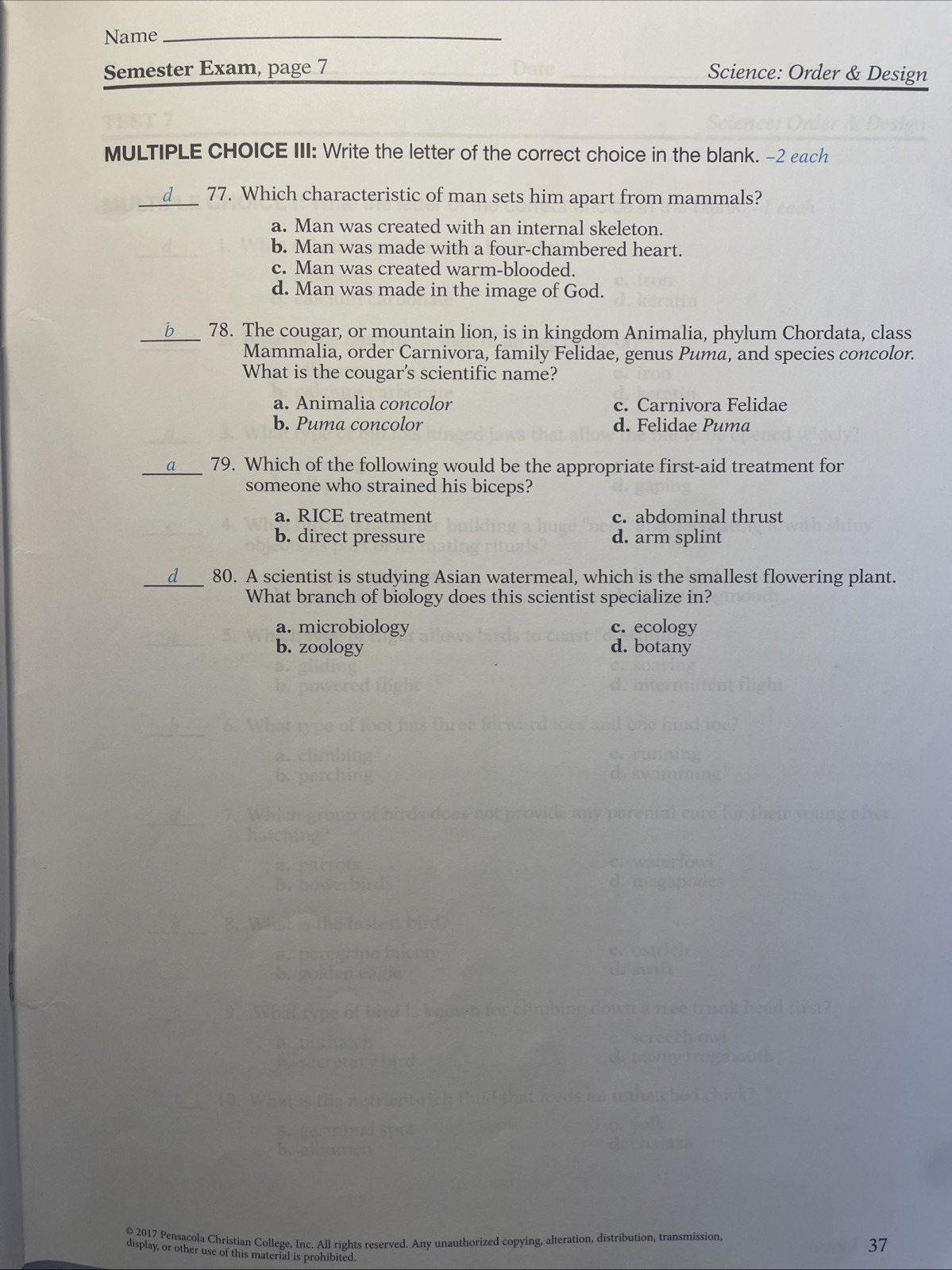 🐍🔑ABEKA 7th Grade SCIENCE ORDER & DESIGN TEACHER TEST KEY
