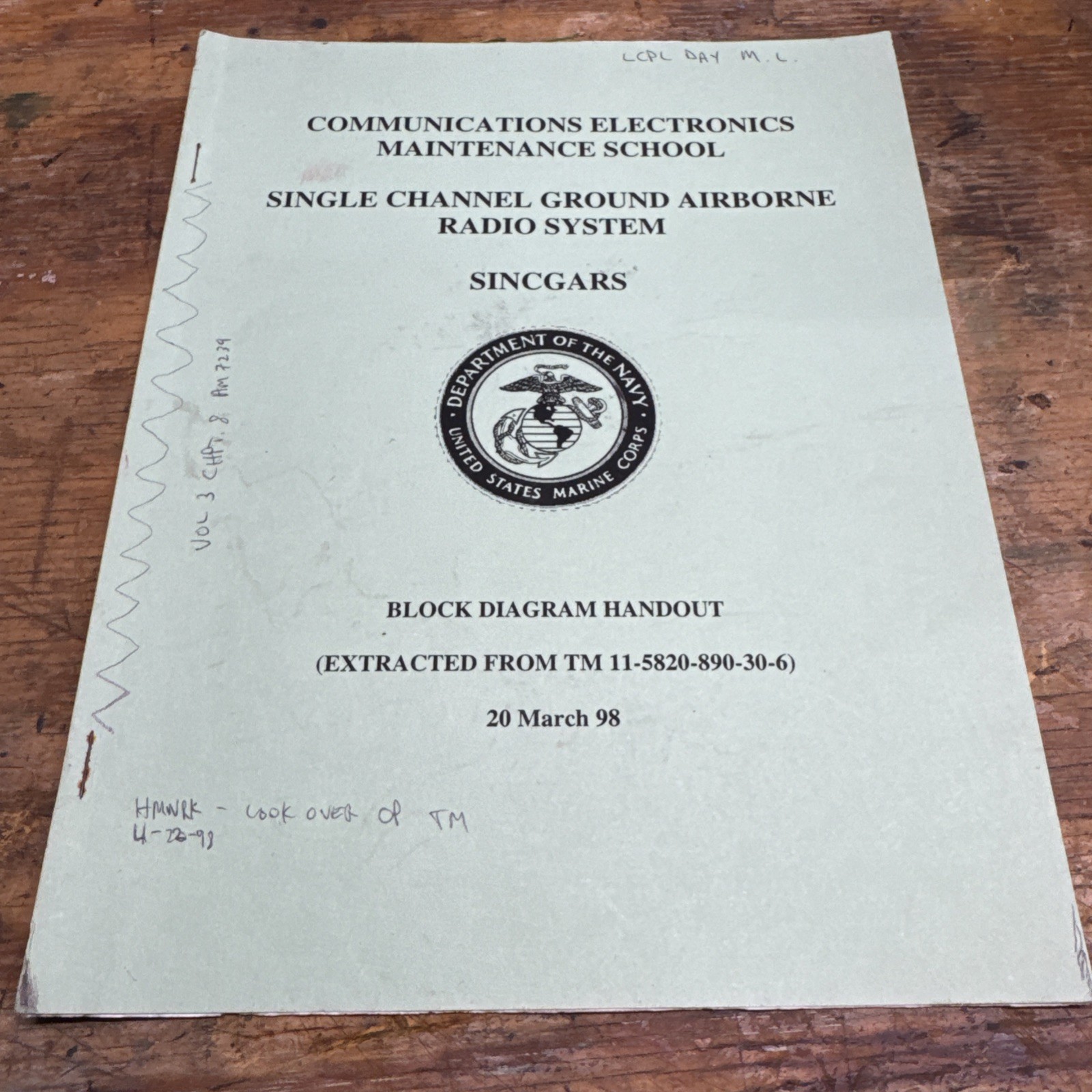 Marine Corps Communication Electronics School SINCGARS Block Diagram Handout