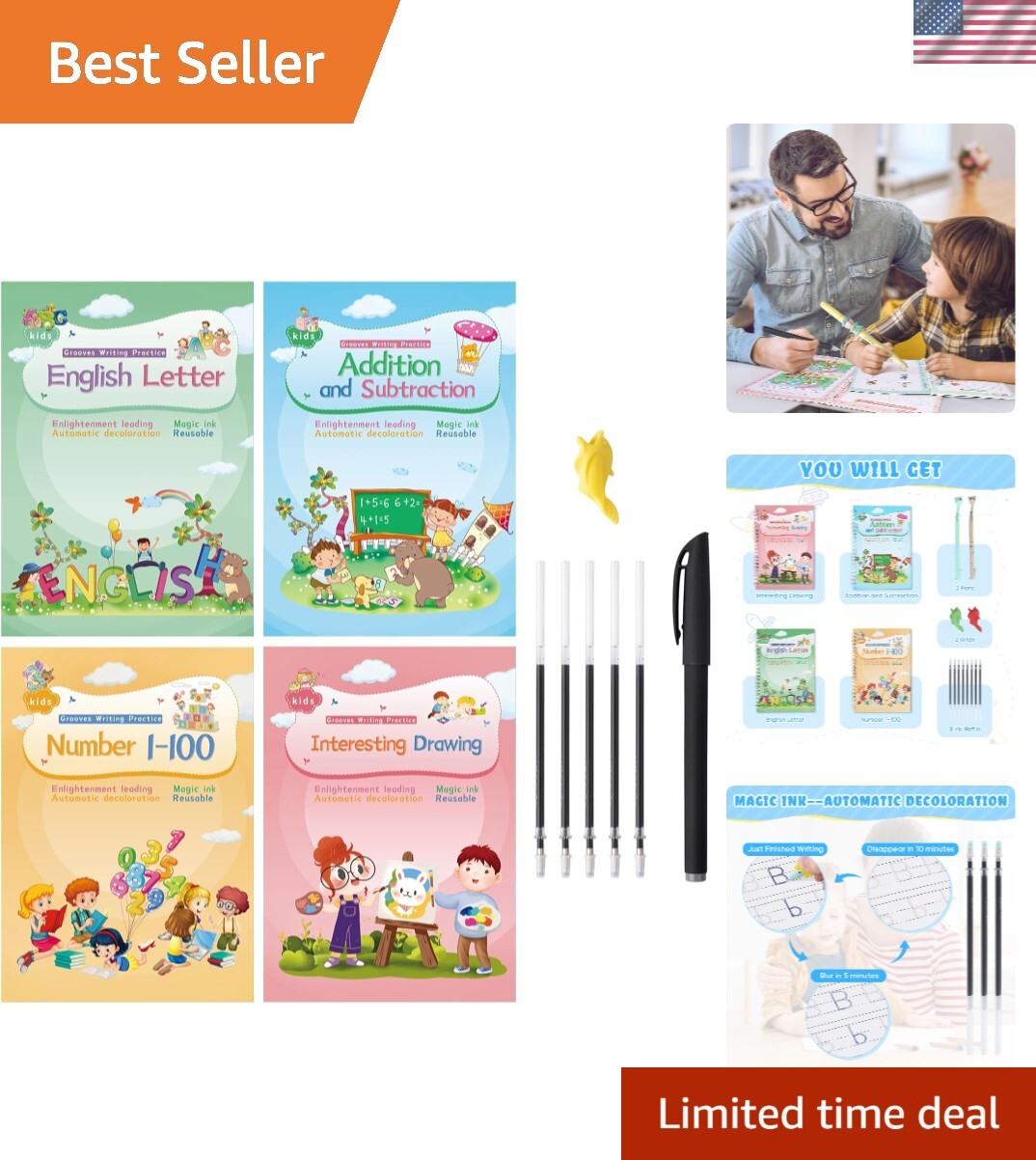 Kids’ 5-in-1 Magic Ink Writing Workbooks – Grooved Template Design for Learning