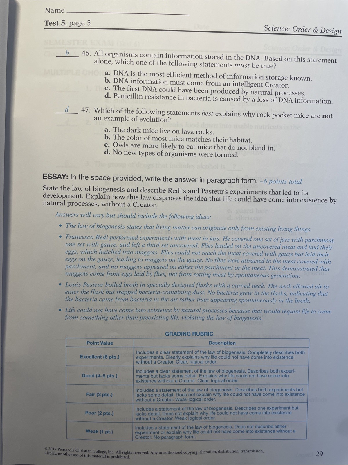 🐍🔑ABEKA 7th Grade SCIENCE ORDER & DESIGN TEACHER TEST KEY