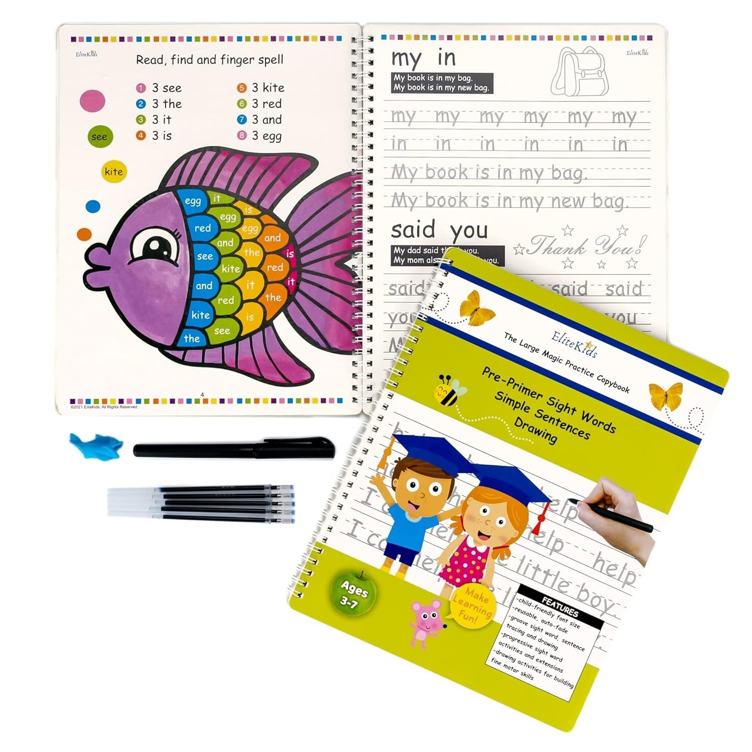 Reusable Handwriting Practice Copybooks with Magic Pens for Kids Ages 3-5