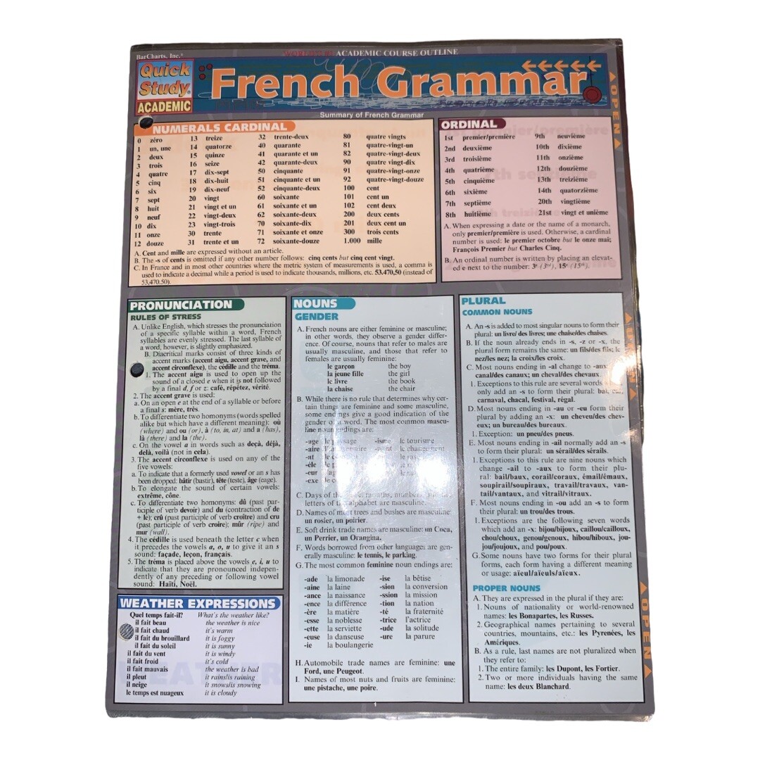 Barcharts French Grammar Quick Study Guide Laminated