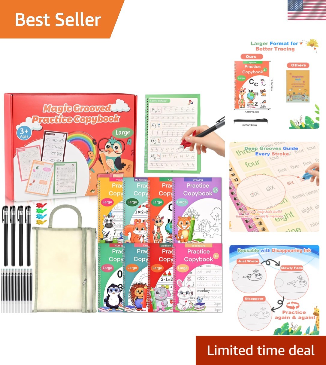 Grooved Handwriting Practice Books for Kids Ages 3–8, Reusable Tracing Workbo…