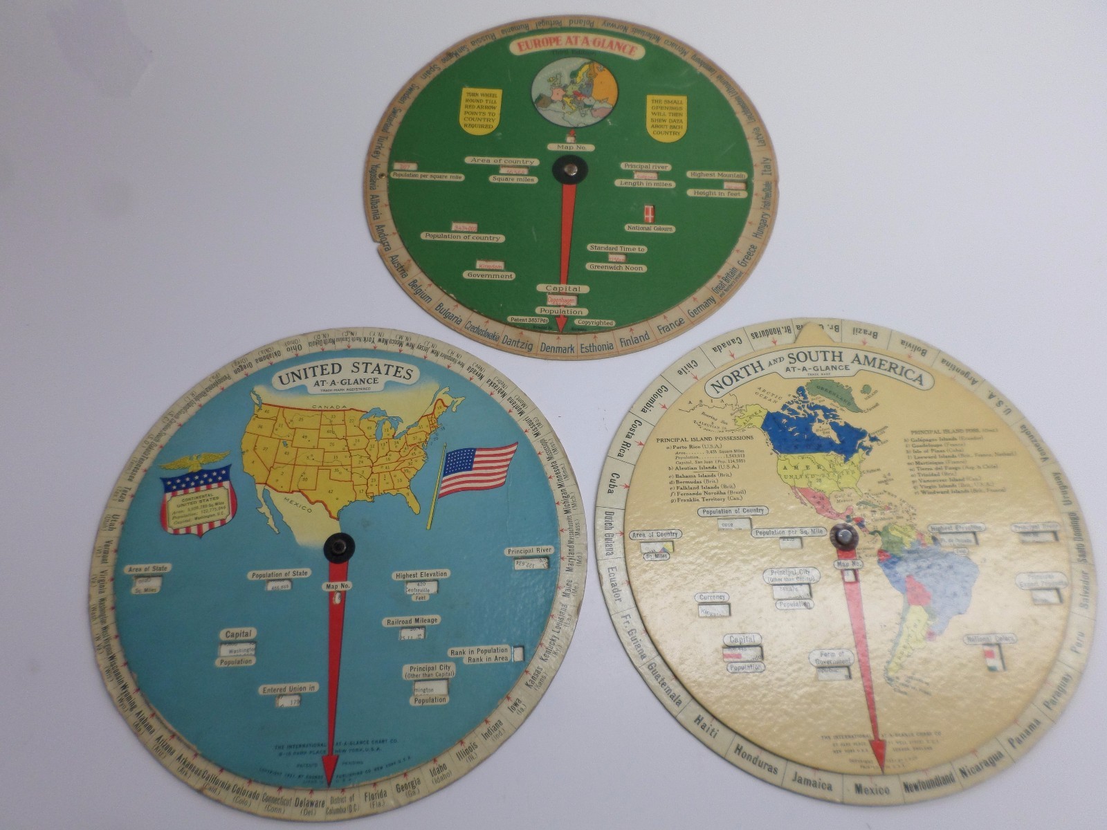 Vintage «AT-A-GLANCE» GEOGRAPHY CARDBOARD DISC CHARTS – Lot of Three (3)