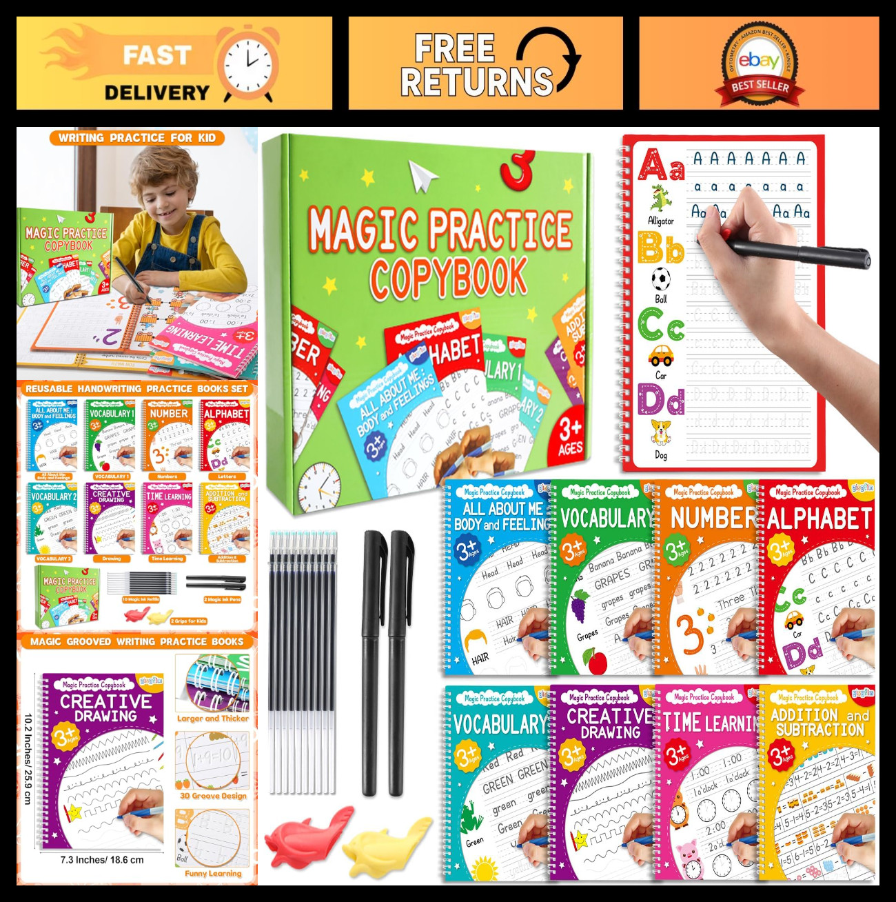 8 Pack Reusable Magic Writing Practice Books for Kids – Handwriting, Tracing, Ma