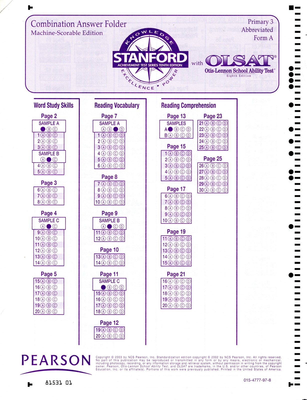 Stanford 10 SAT10 PRIMARY 3 Form A Abbr w/OLSAT ~ READ CAREFULLY ~ Qty 26