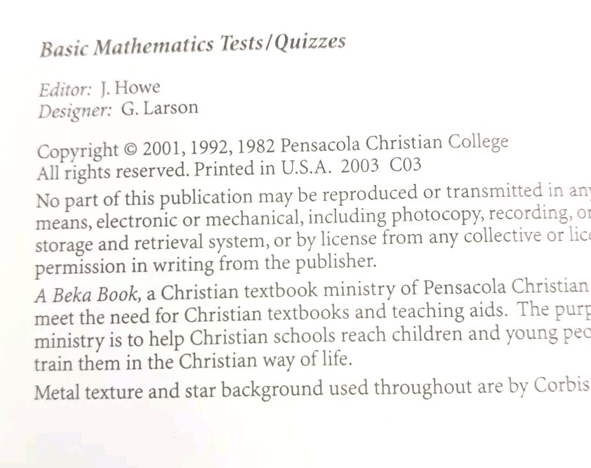 2 Books-Abeka Basic Mathematics-Tests Quizzes-Teacher Key