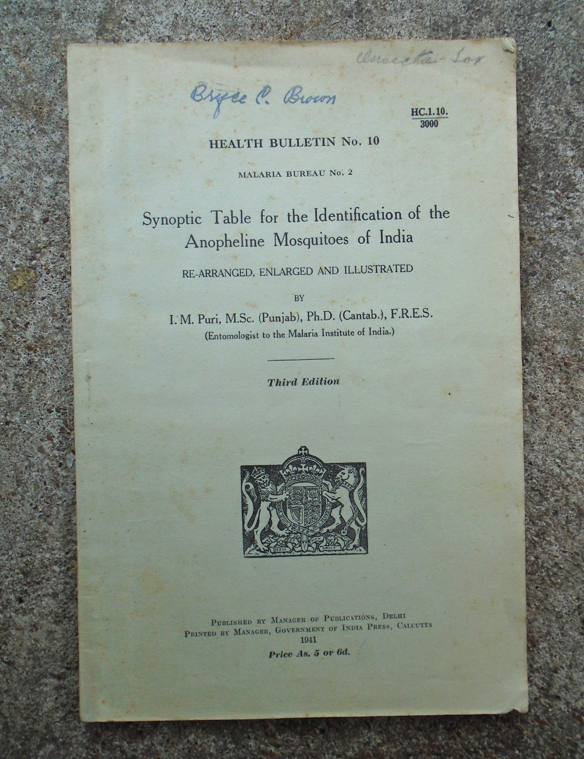 Synoptic Table for the Identification of the Anopheline Mosquitos of India