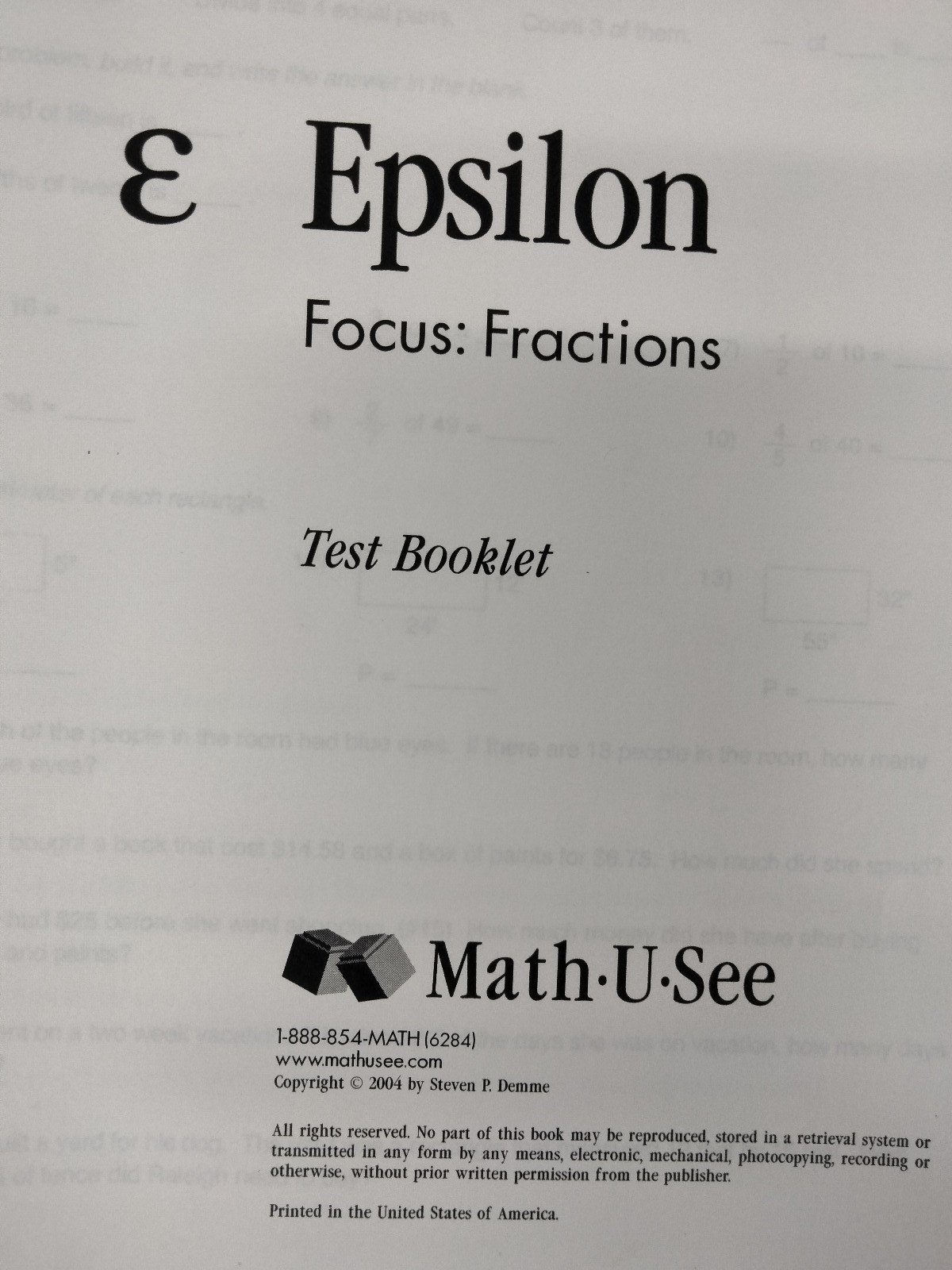 Math U See Epsilon Test Booklet