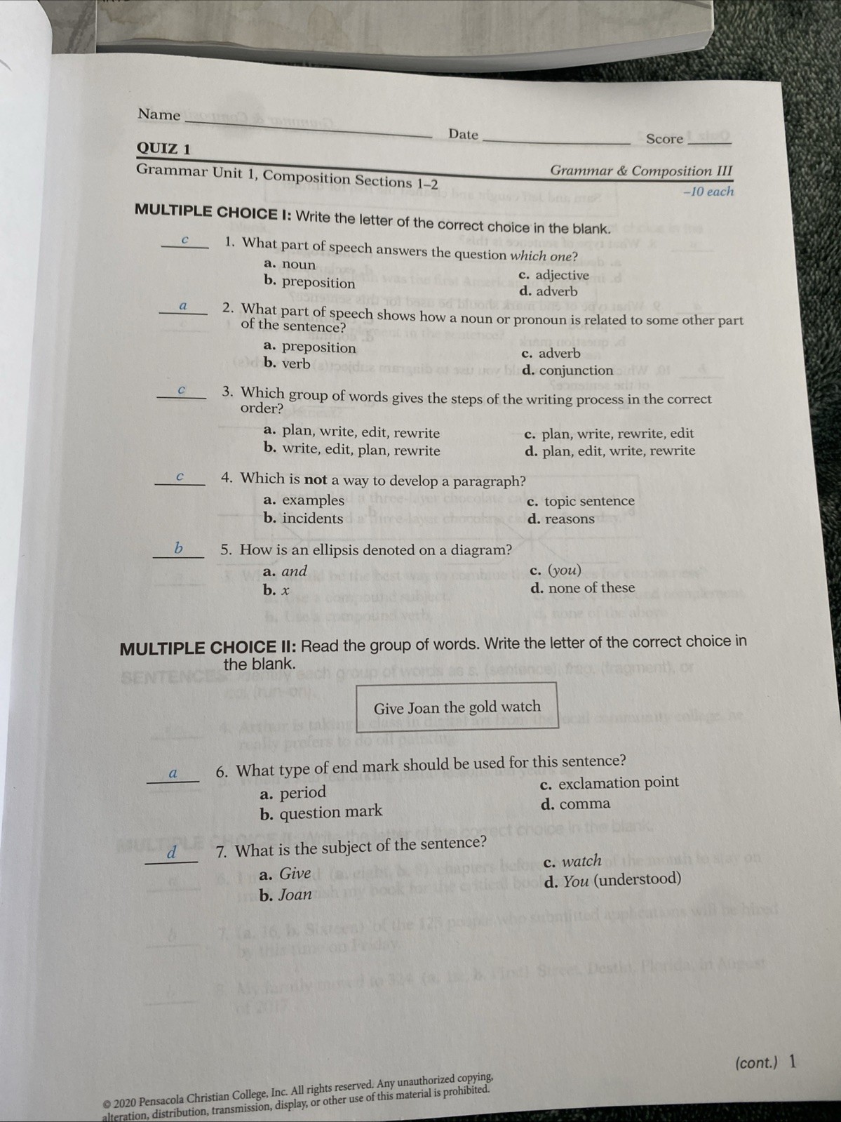 Abeka Grade 9 Grammar & Composition III & vocab And Spelling III Quiz Test Keys