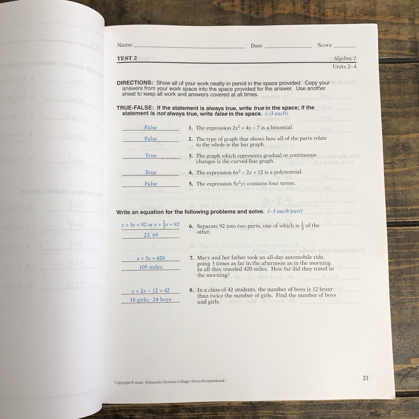 Abeka Algebra 1 Solution Key Test /Quiz Key Student Practice Exercises 2nd Ed.