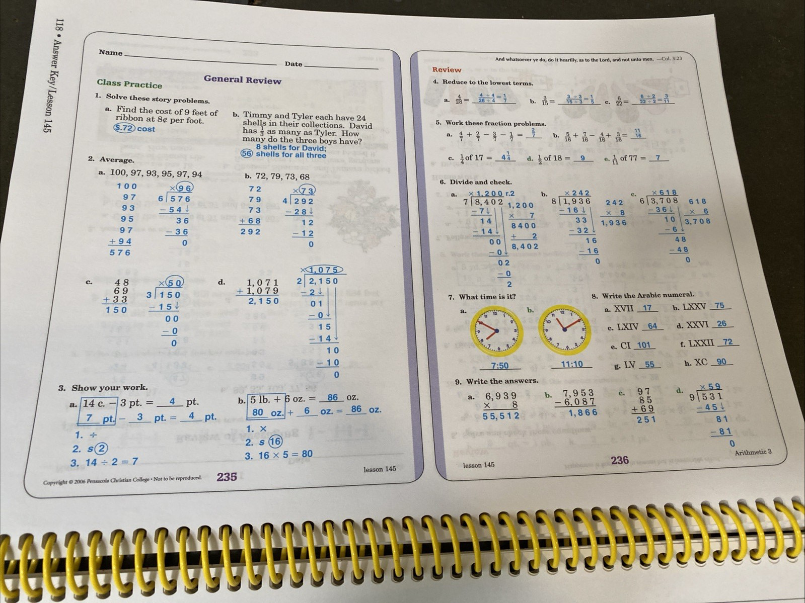 Abeka Arithmetic 3 Curriculum Set(Lesson Plan,Book Key,Test/Speed drill key)