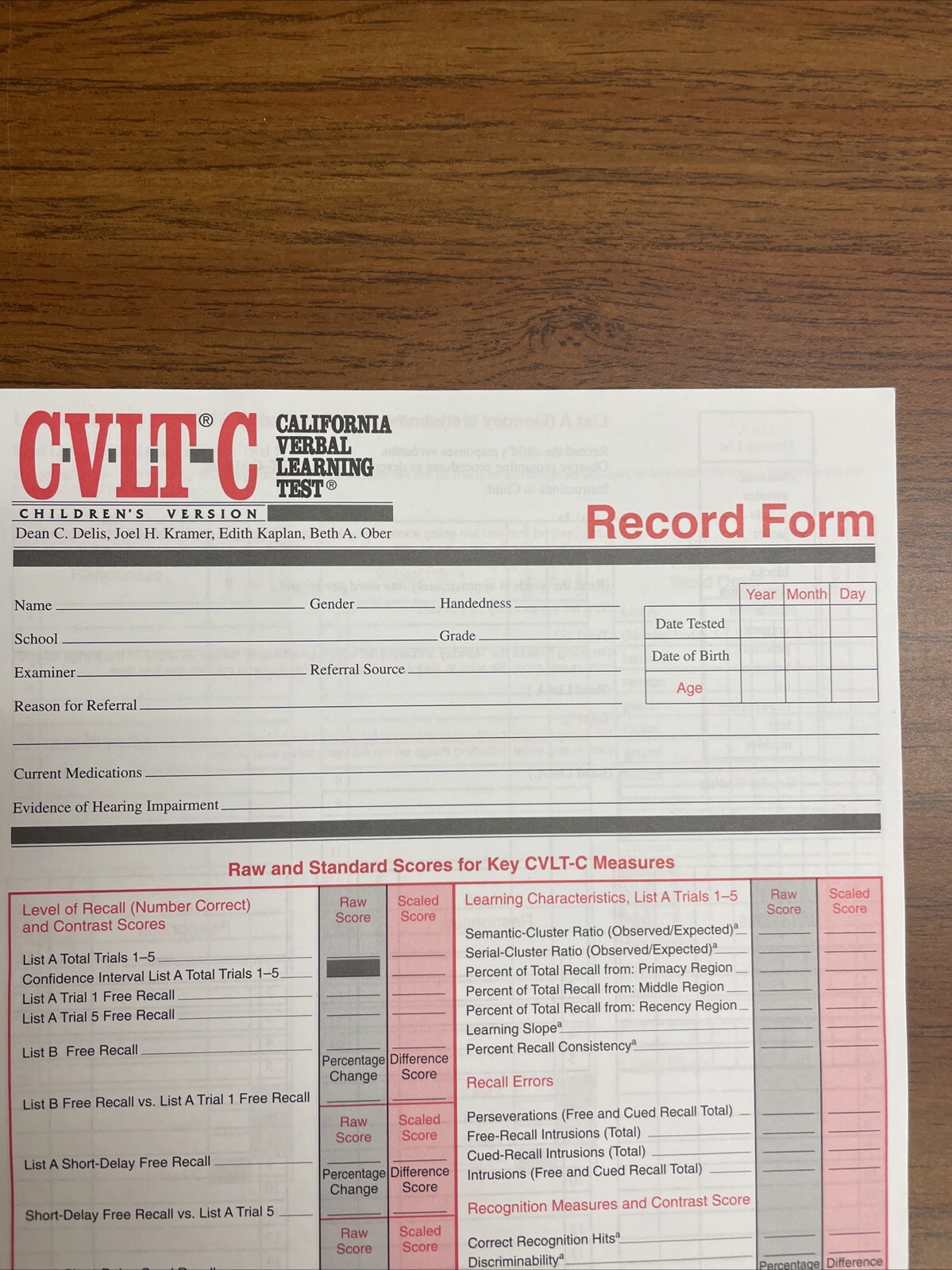 Psychology Test-California Verbal Learning Test For Children CVLT-C Record Form
