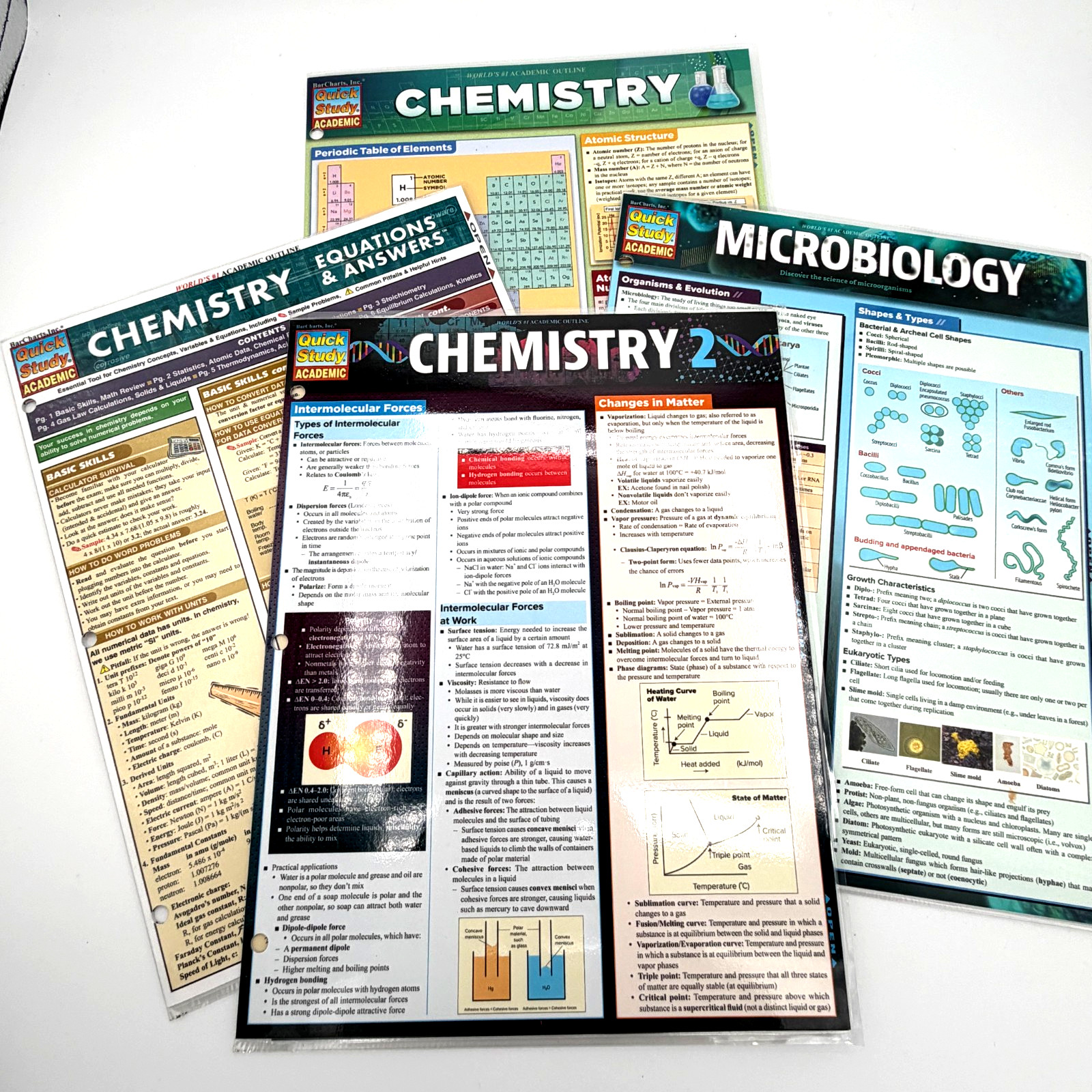 QuickStudy Chemistry 1&2 + Microbiology BarCharts Study Guide 4-Pack Bundle