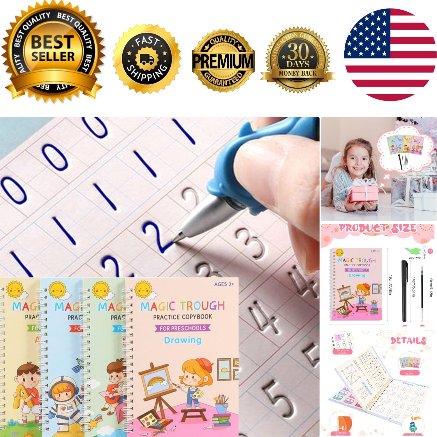 4-Pc Magic Grooved Writing Practice Set for Kids Ages 3-8 – Fun & Educational