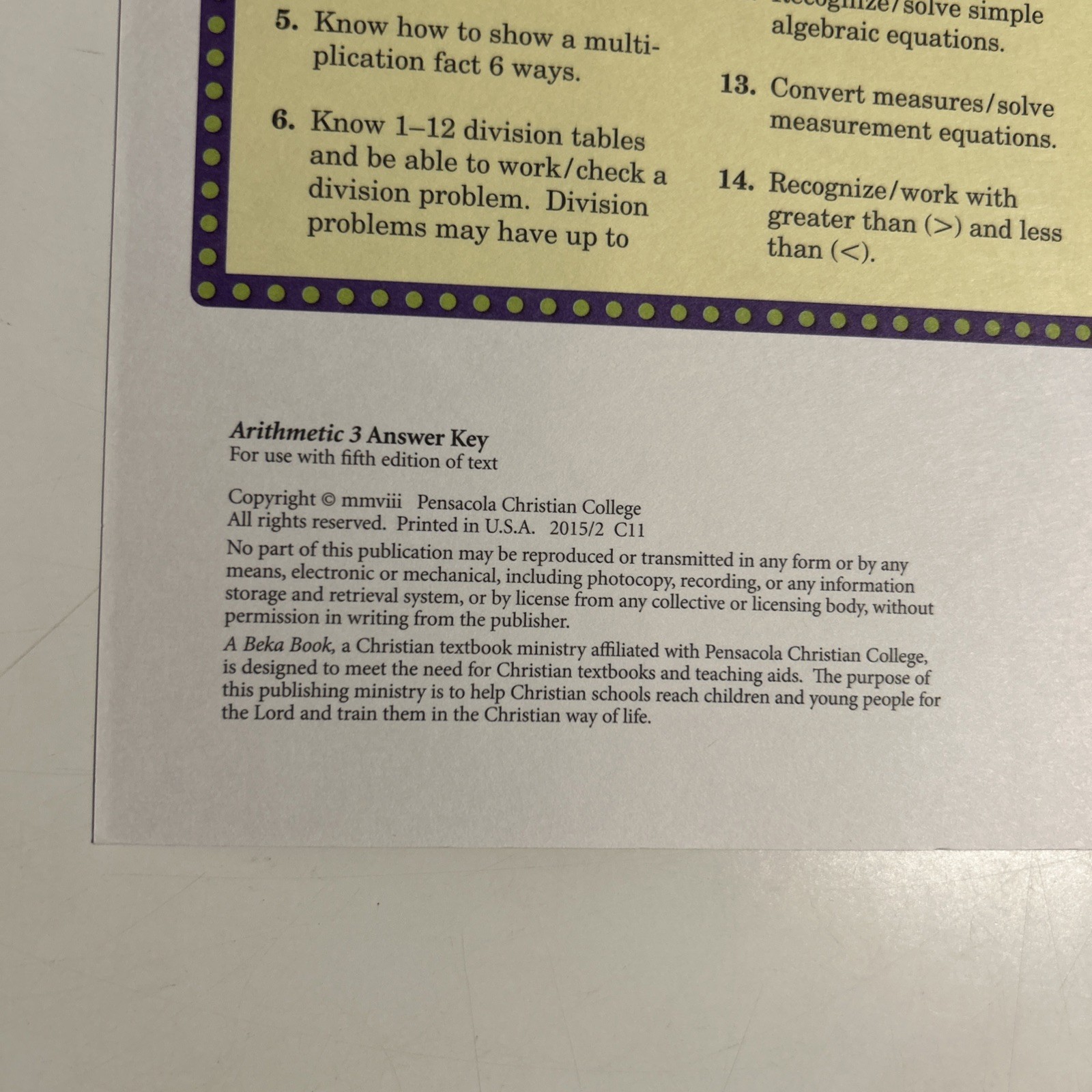 Abeka Arithmetic 3 Answer Key Work Text Clean Pages
