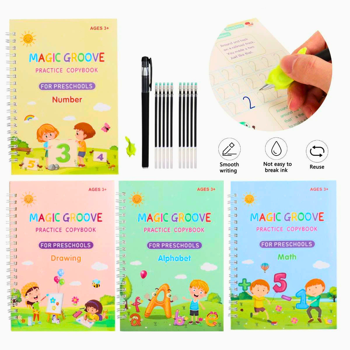 Magic Grooved Writing Practice Books, Reusable Handwriting Practice for Kids 3+