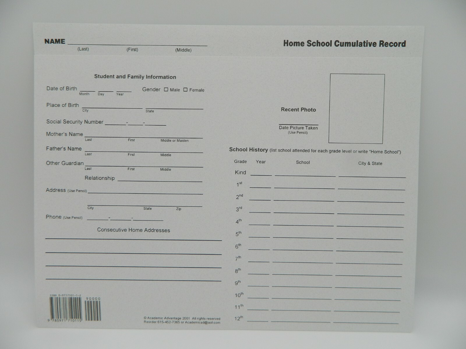 Homeschool Cumulative Transcript Folders, Pack of 3, use w. any Curriculum, K-12