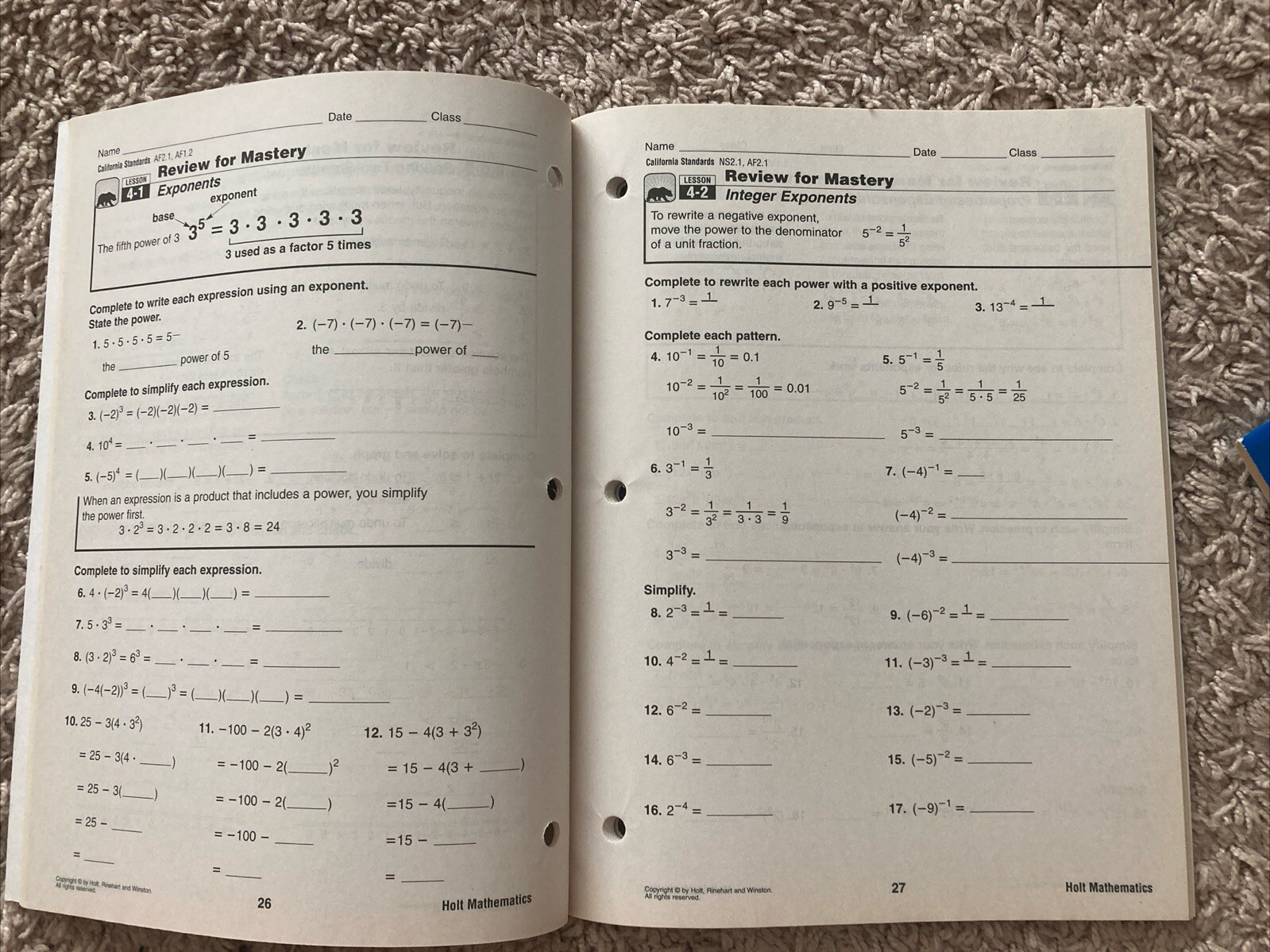 Holt California Workbook Homework Practice Mastery Grade 6/7/8 Algebra 1