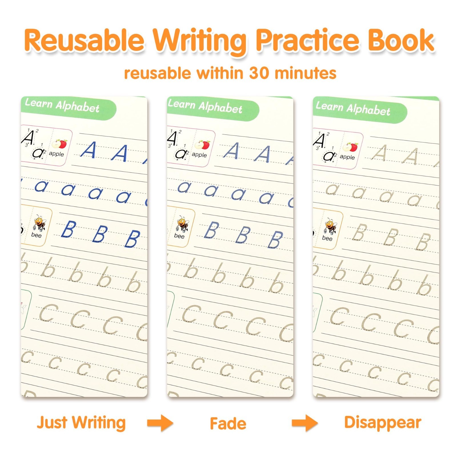 Reusable Handwriting Practice Copybook Set for Kids 3-8 | Grooved Tracing Books,