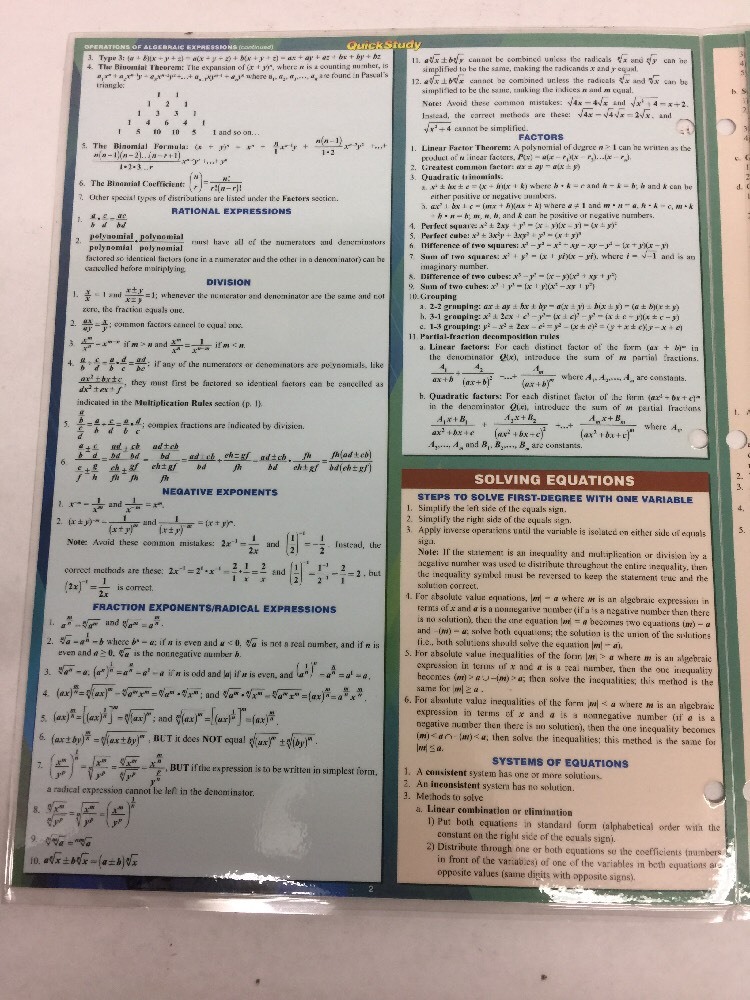 Barcharts Algebraic Equations Quick Study Guide