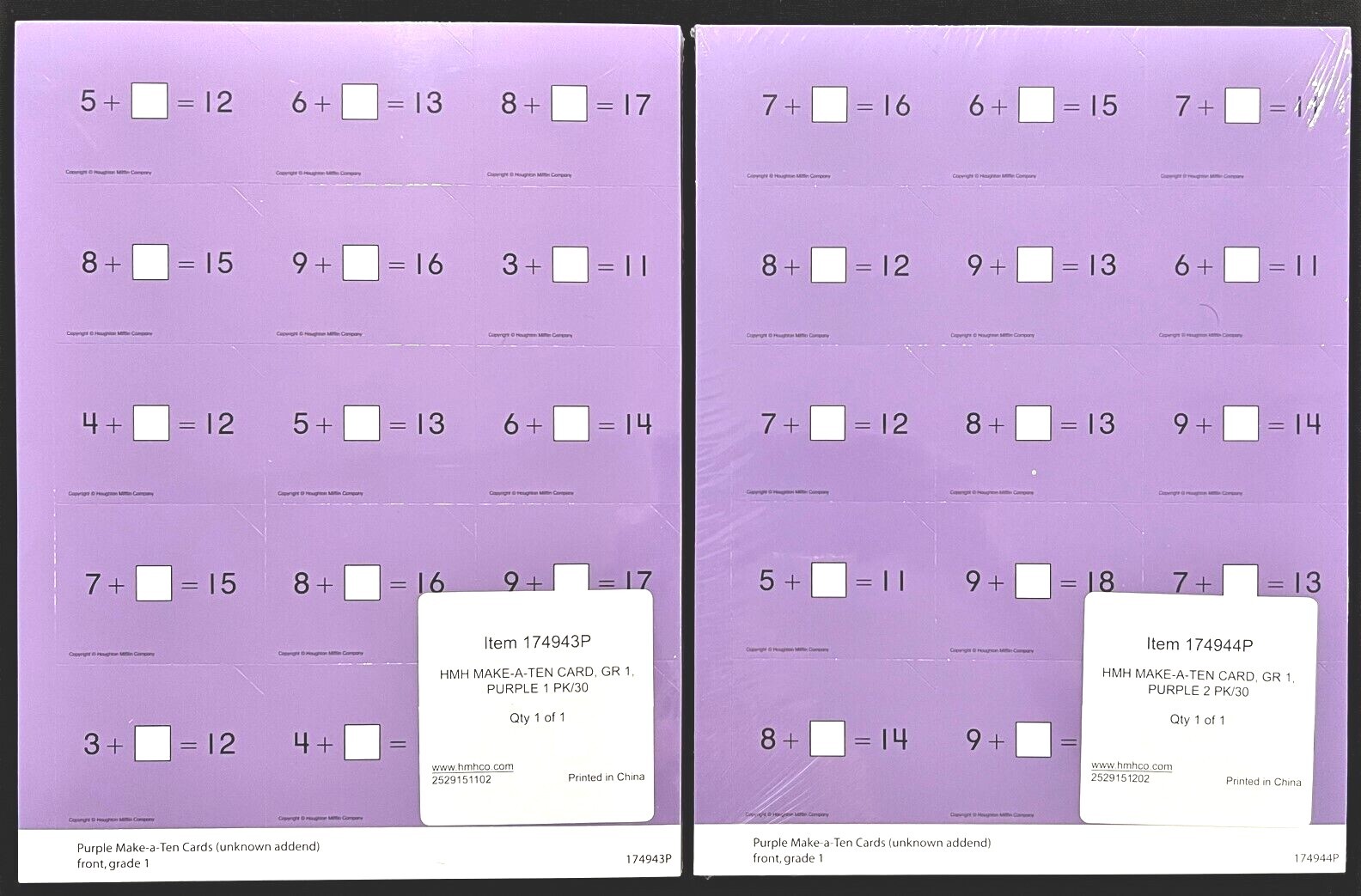 1st Grade – MATH CARDBOARDS CLASS SET – Addition & Subtraction (30/pkg) (6 pkgs)