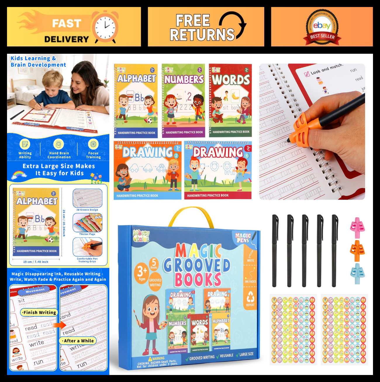 Reusable Handwriting Practice Book for Kids 3-8, Tracing Workbook with Disappear