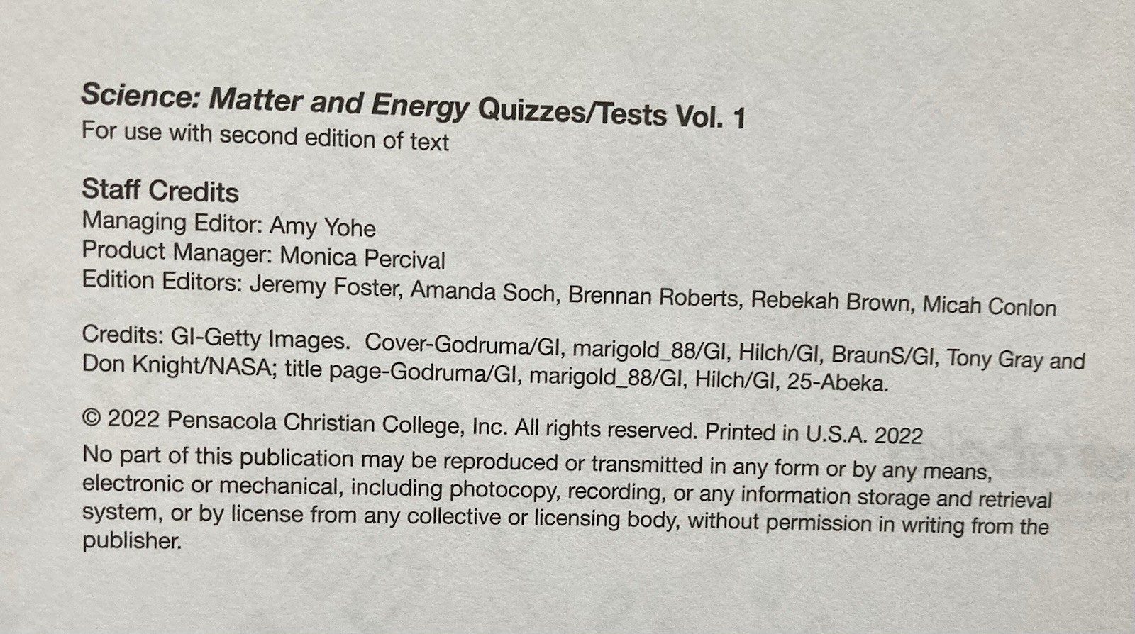 Abeka Science Matter and Energy Second Edition Quiz Test Keys Volumes 1 and 2