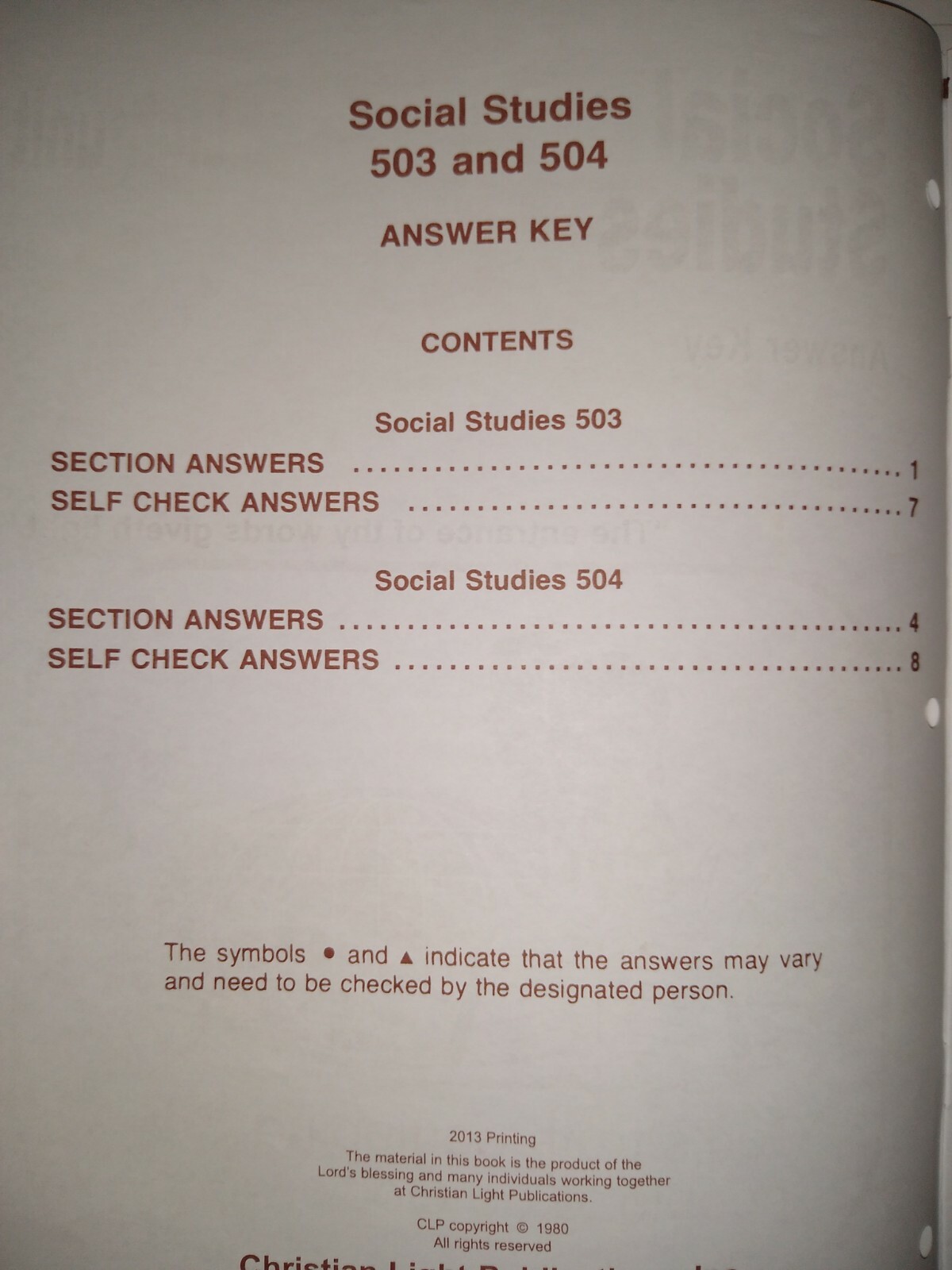 CLE Social Studies Grade 5 Answer Keys 501 – 510 Christian Light Education