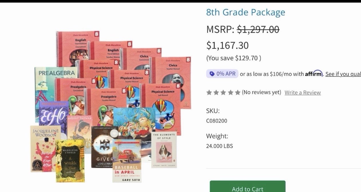 Oak Meadow 8th Grade Complete Package Homeschool Curriculum (set of 18)