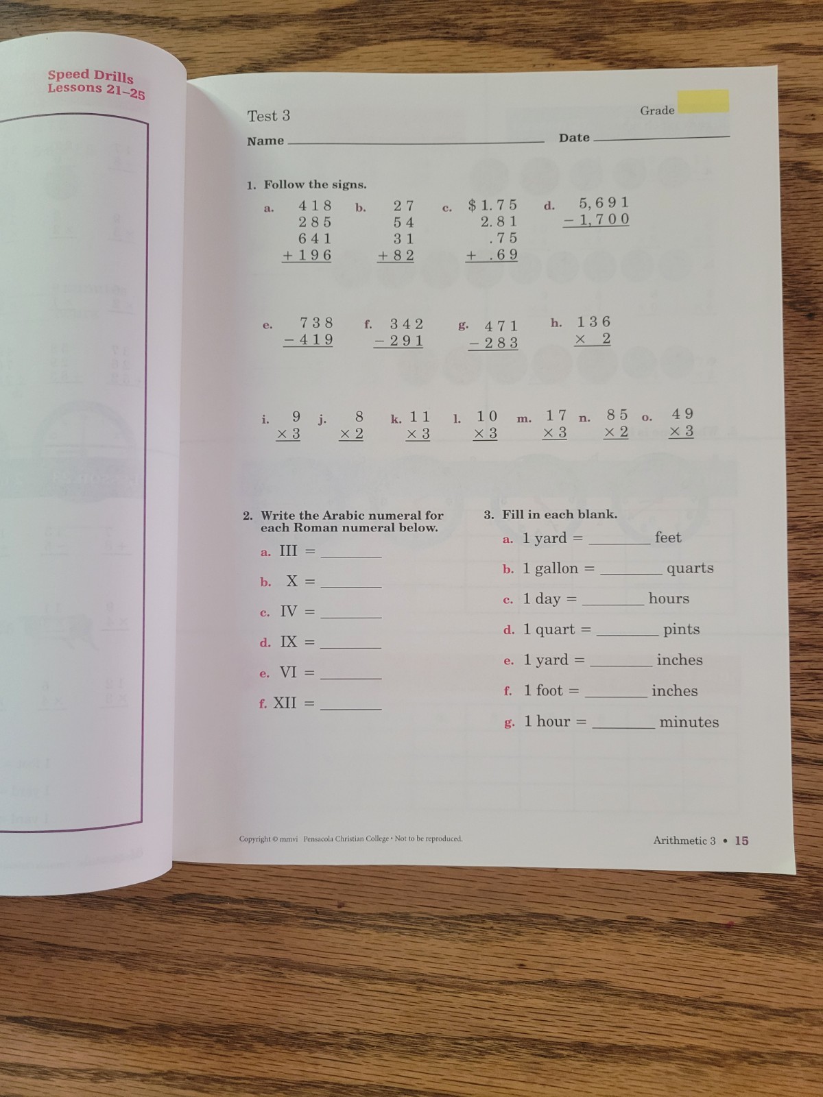 Abeka Arithmetic Grade 3 Math Tests And Speed Drills, Answer Key Printed 2015